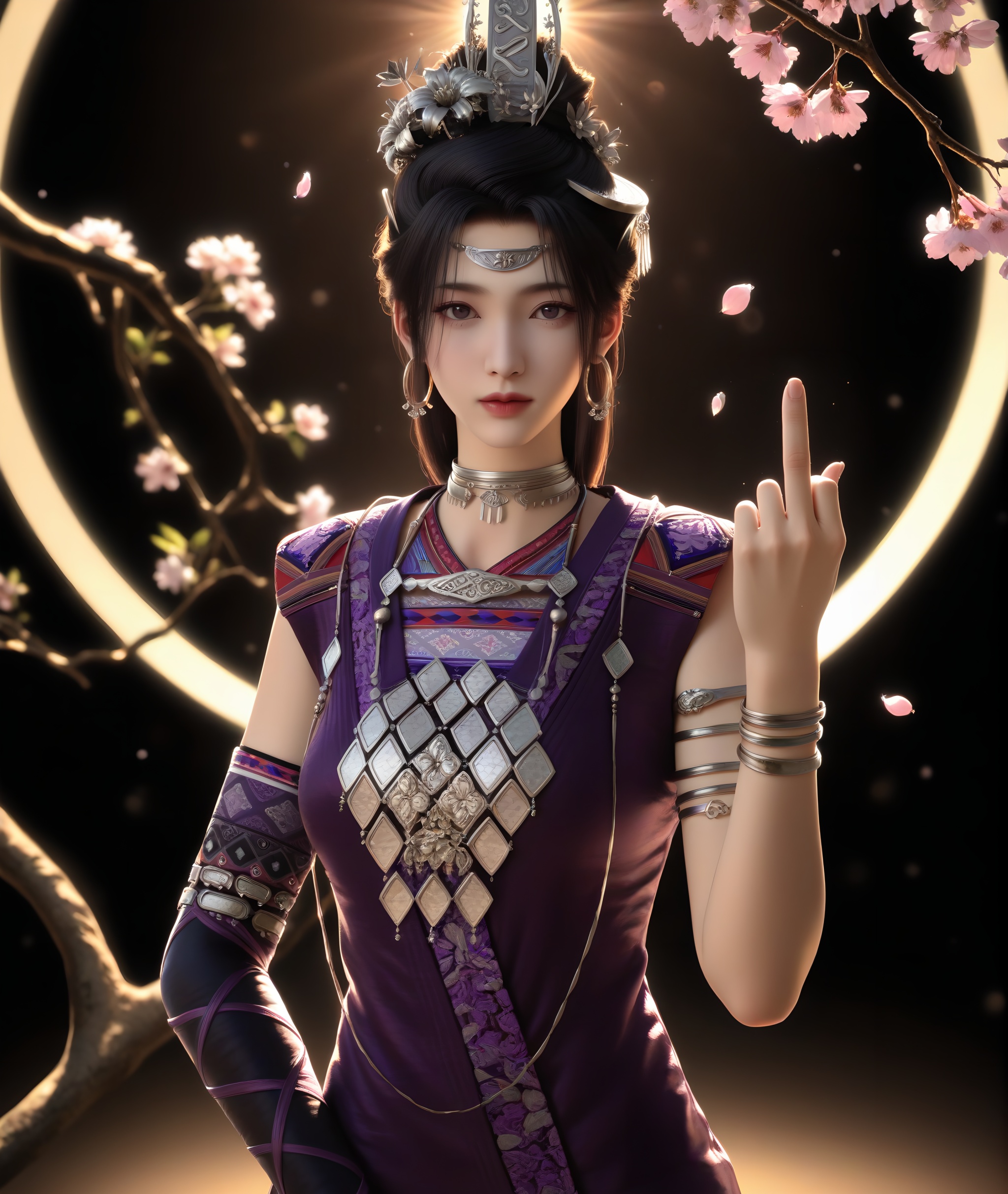 <lora:紫萱-ill:0.83>,1girl,solo,long hair,black hair,hair ornament,jewelry,hoop earrings,circle,hair flower,tiara,zixuan,choker,silver choker,necklace,purple dress,elbow gloves,armlet,bracelet,single elbow gloves,collarbone,(middle_finger:1.1),looking at viewer,(front view),upper body,twig,branch,falling petals,simple background,black background,rim light,Volumetric Lighting,lens flare,Tyndall effect,depth of field,bokeh,sparkle,masterpiece,best quality,absurdres,highres,realistic, 