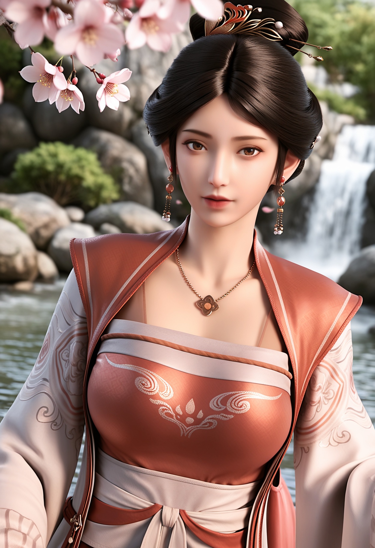 masterpiece,best quality,amazing quality,high resolution,ultra-detailed,absurdres,(looking at viewer:1.1),upper body,(moody lighting:1.1),waterfall,peach blossom,falling petals BREAK (large breasts:0.8),xushi,1girl,solo,black hair,jewelry,earrings,realistic,hair ornament,hair bun,necklace,brown eyes,chinese clothes,lips,long sleeves,dress,hanfu,shoes BREAK photorealistic details,<lora:QQSillxushiV1:0.8>,