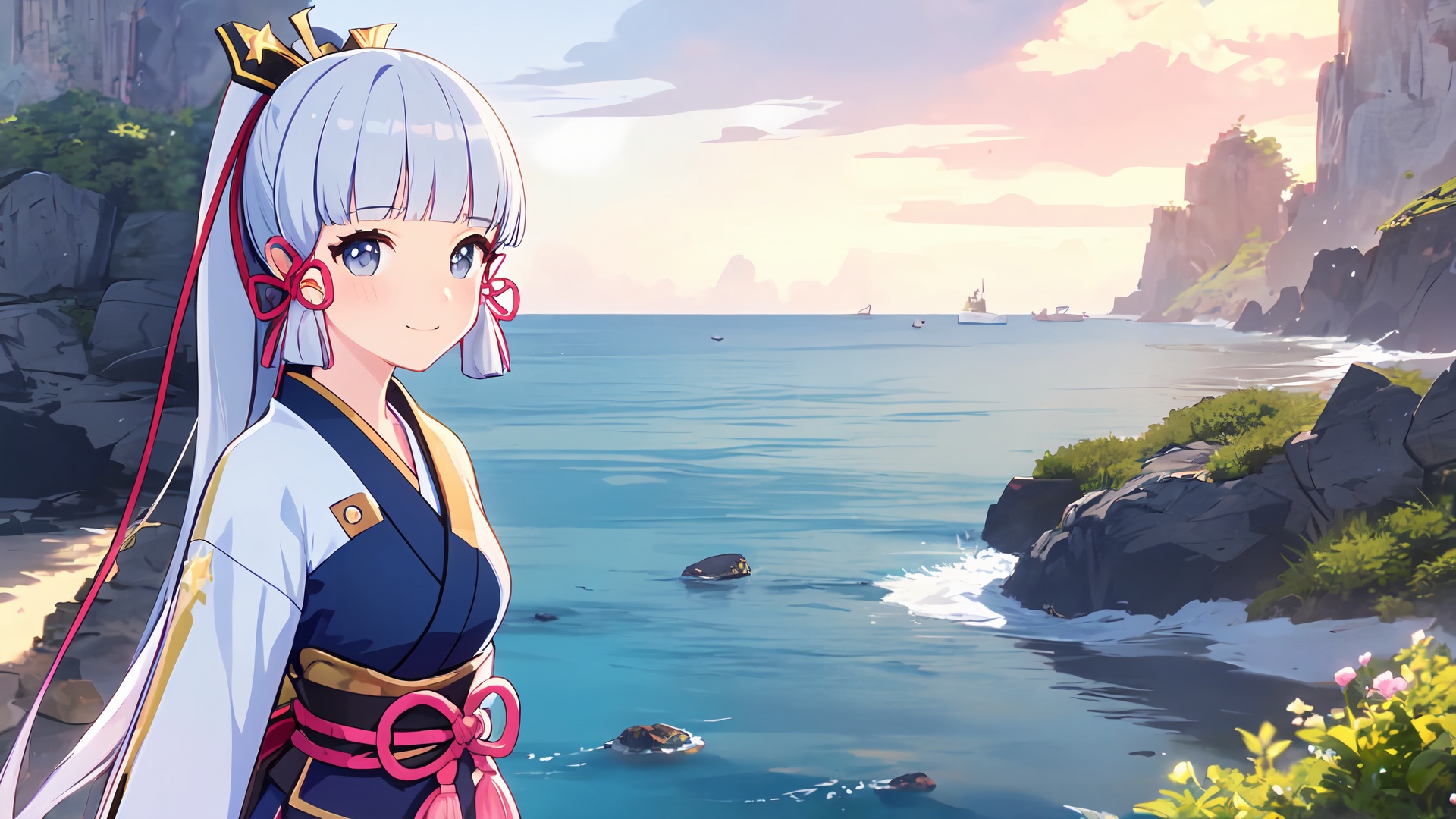high quality,best quality,hires,anime screencap,masterpiece,ayaka,kamisato ayaka,1girl,solo,bangs,blunt bangs,sidelocks,long hair,hair ribbon,ponytail,hair ornament,black armor,grey eyes,tress ribbon,ribbon,japanese clothes,<lora:ayaka:0.7>,perfect face,very beautiful eyes,stars in the eyes,eyelashes,looking at viewer,blush,smile,standing,from side,sky,cloud,ocean,beach,seashell,seaside,sea spray,mountain horizon,sharp focus,
