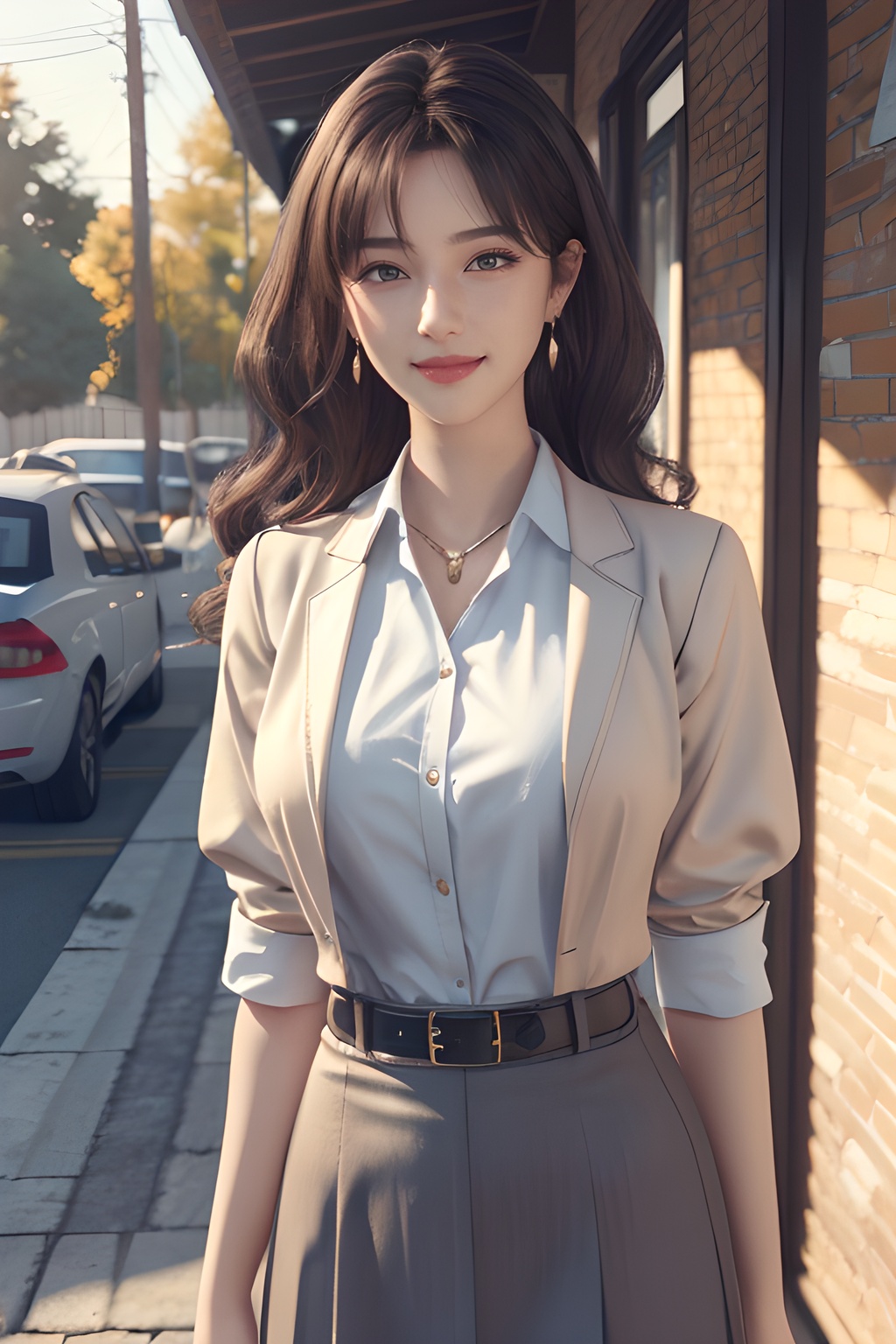 1girl,solo,(3d:1.2),(game cg:1.2),cowboy_shot,character positive perspective,looking_at_viewer,black hair,stud earrings,necklace,breast,medium breast,collared_shirt,blazer,women's suit belt,skirt_suit,forehead,(Best quality,Masterpiece,Highly detailed,Ultra-fine painting,Extreme detail description,Professional,Vivid colors,8K),detailed skin texture,(blush:0.5),(goosebumps:0.5),outdoors,smile,wavy hair,long hair,depth of field,<lora:QYpifuV1:0.6>,