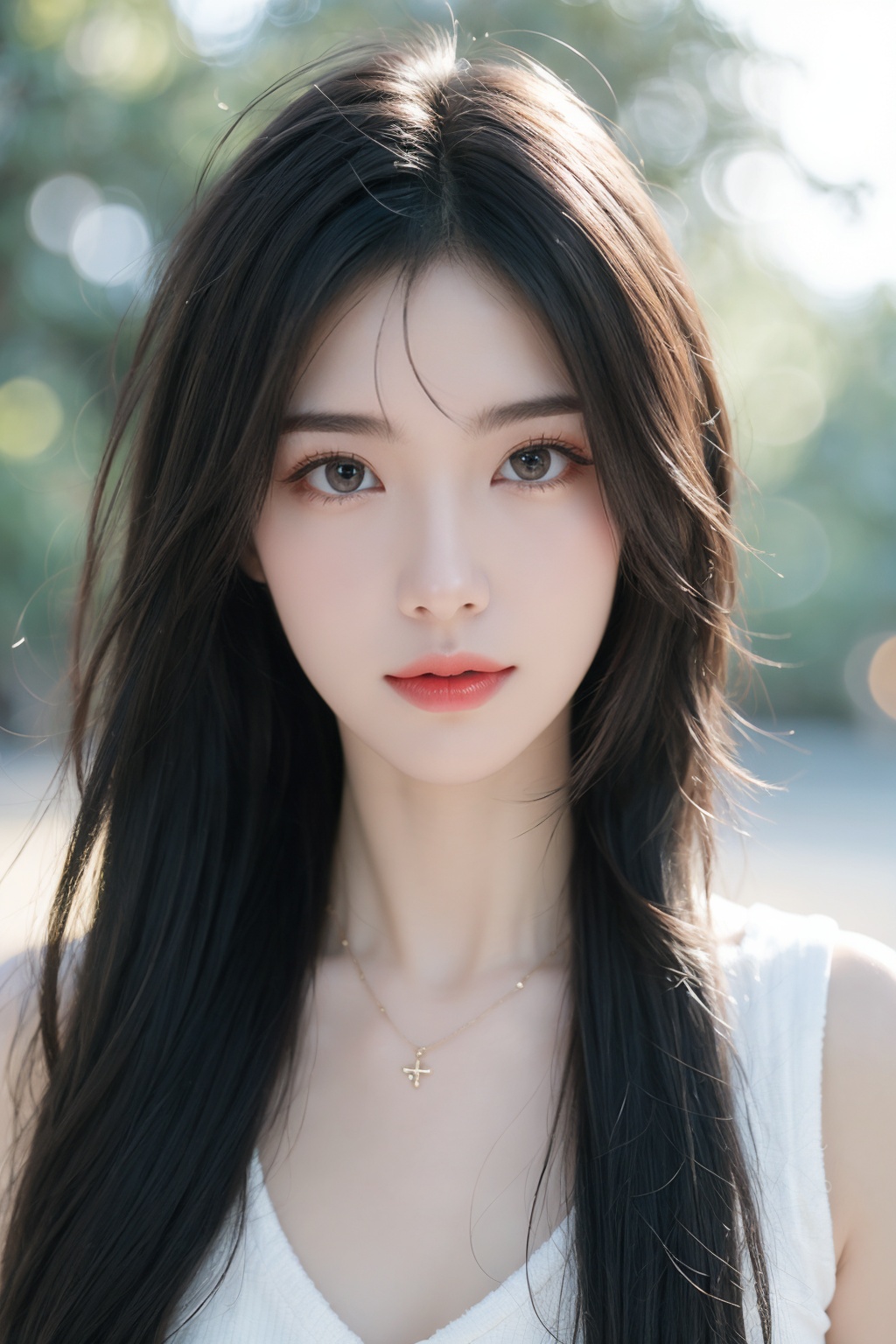 1girl, black hair, blurry, blurry background, bokeh, depth of field, jewelry, lens flare, lips, long hair, looking at viewer, necklace, outdoors, sleeveless, solo <lora:美女:0.8>