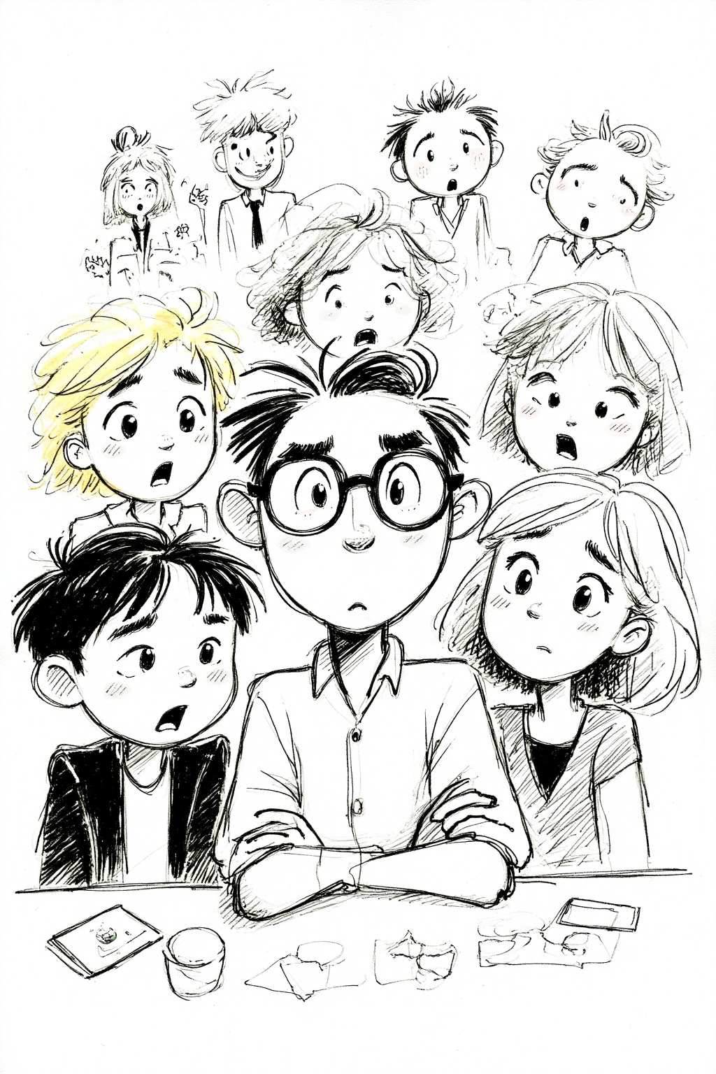 beijihui,A black and white cartoon drawing of a group of people. The man in the center is wearing a pair of glasses. He is also wearing a white shirt with a black collar. The woman to the right of him has blonde hair and black eyes. Her mouth is open and her mouth is slightly open. The boy to the left has black hair and a black tie.
