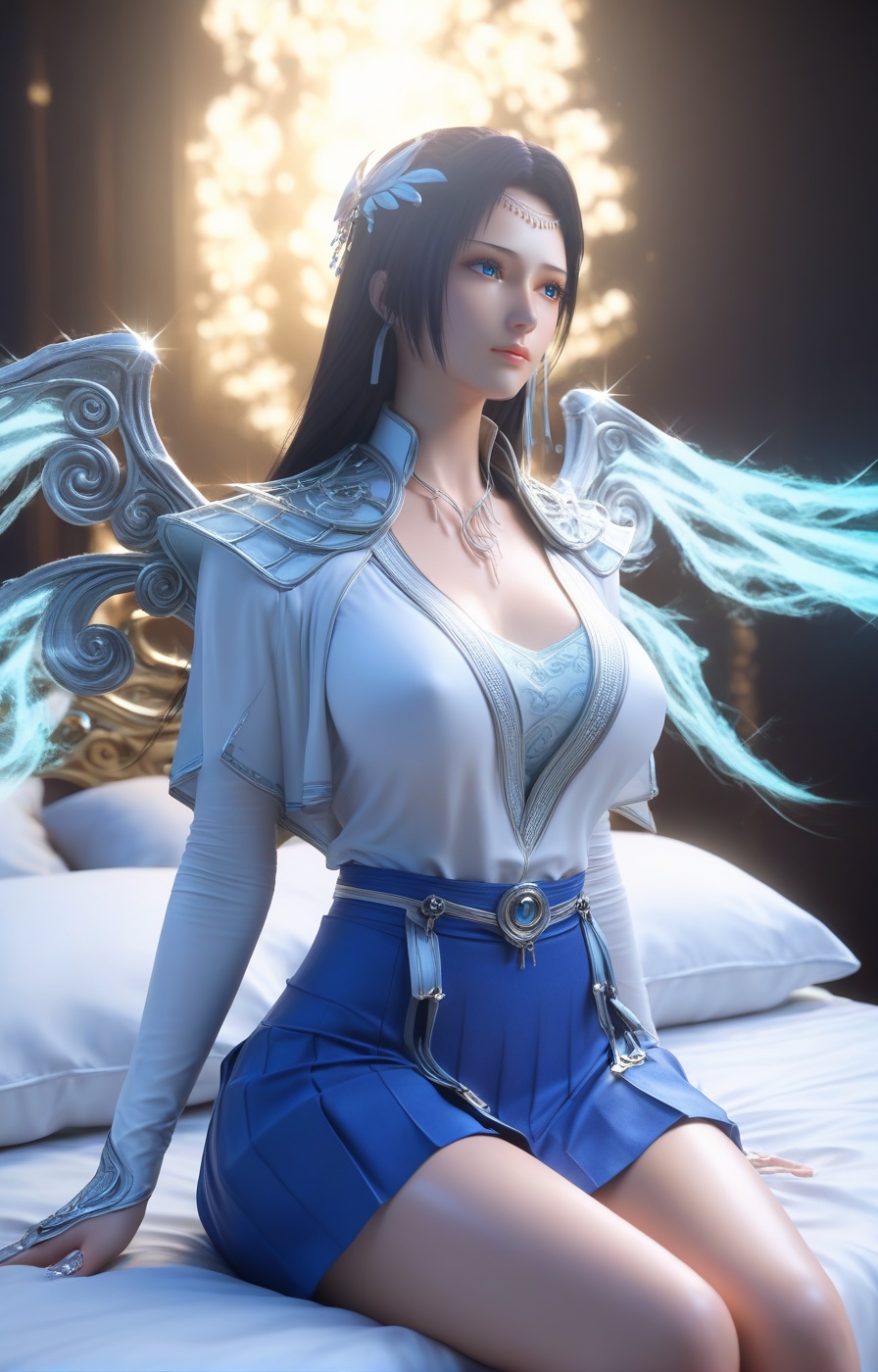 score_9,score_8_up,score_7_up,source_anime,eye reflection,<lora:qingxuan_yunyun_PONY>,1girl,solo,jewelry,black hair,blue eyes,long hair,necklace,wings,huge breasts,(beautiful_detailed_eyes:1.2),highly detailed,volumetric,dramatic lighting,oil,(shiny_skin:1.2),ultra detailed 8k cg,ultra detailed background,(full_shot:1.3),rating_explicit,3D,(realistic:1.5),perfect face,detailed face,sexy pose,supermodel,overall warm color,dol,innocence,mysterious,surreal,highly detailed,concept art,extremely detailed,amazing quality,ultra-high resolution,32K UHD,sharp focus,best-quality,with a high-end texture,golden hour,unconventional supreme masterpiece,masterful details,temperate atmosphere,high detailed  skin,(detailed skin:1.1),highly detailed,nice hands,Skindentation,skin depression,<lora:Add_more_details_V2_XLpony:0.6>,dramatic lighting,detailed face,forehead jewel,indoor,bedroom,bed_sheet,pillow,sitting,((white_shirt:1.4)),((skirt:1.4)),