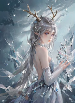 HDR photo of (masterpiece, best quality:1.2), 1girl, solo, blue_eyes, pointy_ears, elbow_gloves, looking_at_viewer, white_hair, bare_shoulders, blue_dress, white_gloves, sleeveless_dress, closed_mouth, antlers, blue_background, very_long_hair, small_breasts, crystal, bangs, jewelry, ice . High dynamic range, vivid, rich details, clear shadows and highlights, realistic, intense, enhanced contrast, highly detailed
