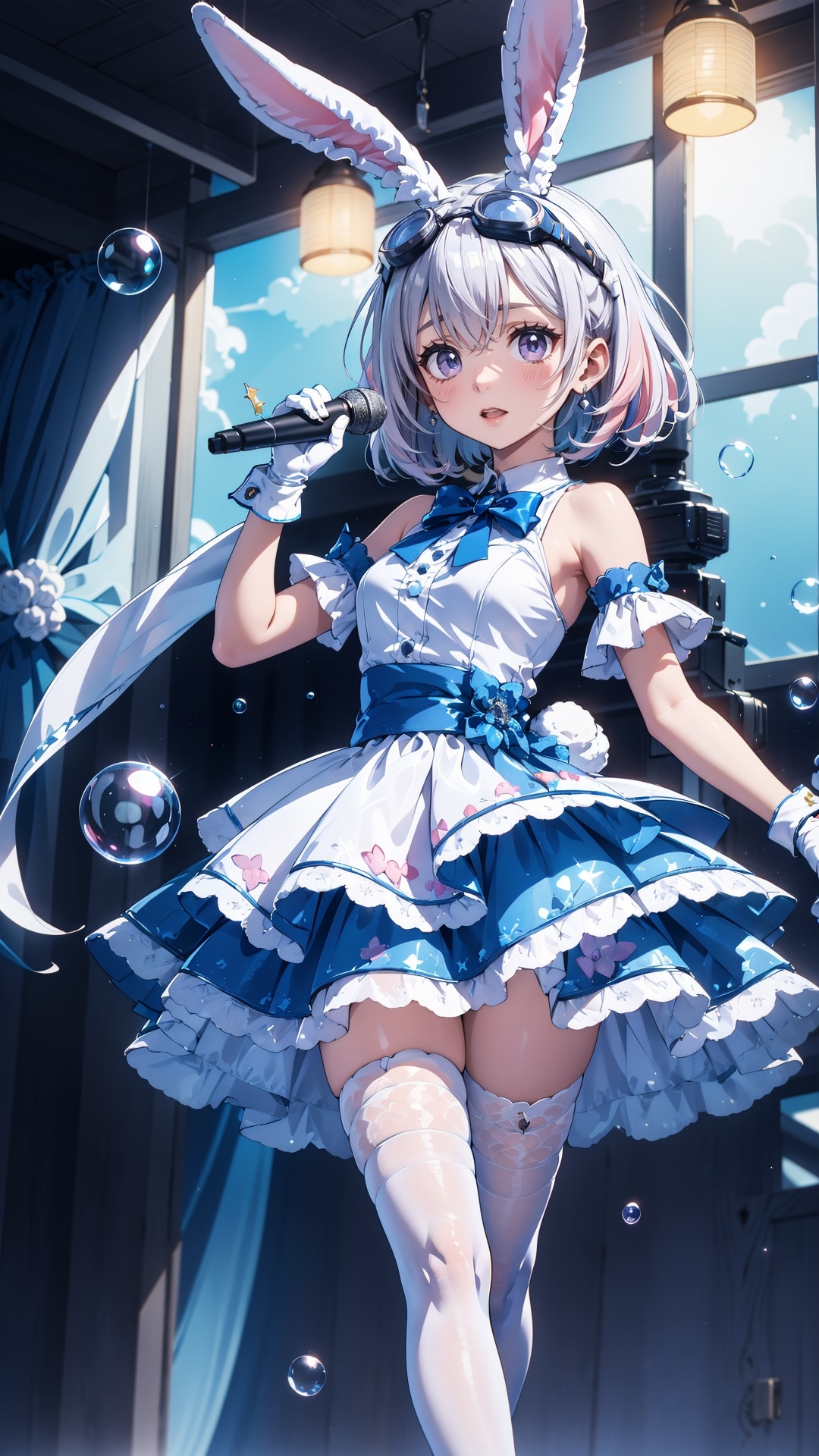 tutututu,1girl,solo,rabbit ears,white dress,white gloves,blue footwear,goggles on head,sleeveless dress,bangs,blue bow,white hair,short hair,white thighhighs,<lora:SY-000010:0.65>,mic,microphone,(best quality, masterpiece, colorful, dynamic angle, highest detailed) \Creamy Mami\,cowboy shot,fashion photography of cute (Creamy Mami),intense pink hair,singing pose,(ultrahigh resolution textures),bokeh,(intricate details, hyperdetailed:1.15),detailed,light passing through hair,colorful bubble clouds background,(official art, extreme detailed, highest detailed),HDR+,