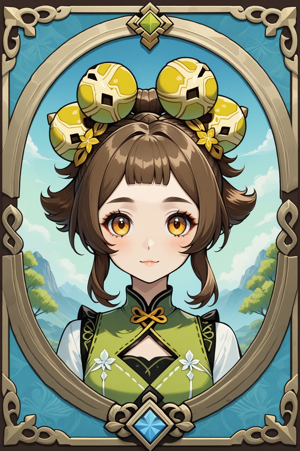 solo,YAOYAO\(genshin impact\),portrait,upper_body,highres,Game cards, beautiful borders, masterpieces, perfect symmetry, golden ratio
