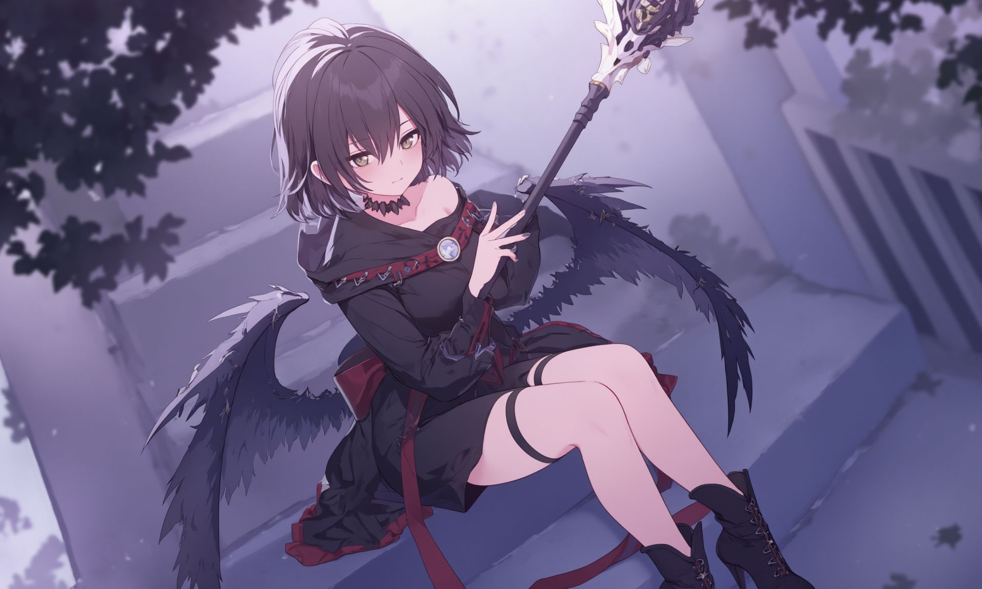 1girl,    o-ring choker, breasts, short hair, high heels, o-ring, sitting, looking at viewer, long sleeves, holding staff, black wings, black dress, hood, parted lips, side slit, brown eyes, brown belt, fingerless gloves, brown hair, hood down, stairs, sitting on stairs, holding, solo, dress, magic, short dress, large breasts, black choker, wings, staff, choker, gloves, feathered wings, thigh strap, boots, belt <lora:BastylrV2:1>