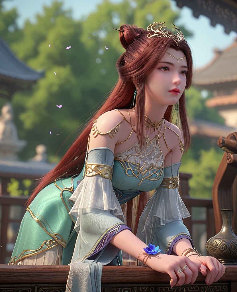 (oriental architecture, elegant decor, sophisticated style:1.1),(Hands on a surface, leaning forward:1.1),(breasts:1.2),<lora:XL百炼成神苏灵韵:0.95>,miss sulingyun,brown hair,long hair,green dress,hair ornament,jewelry,detached sleeves,brown eyes,hair bun,bare shoulders,earrings,flower bracelet,breasts,, zPDXL2, score_9, score_8_up, score_7_up BREAK realistic, masterpiece,best quality, highly detailed,, zPDXL3, zPDXL2,zPDXL, zPDXLxxx, zPDXLrl,