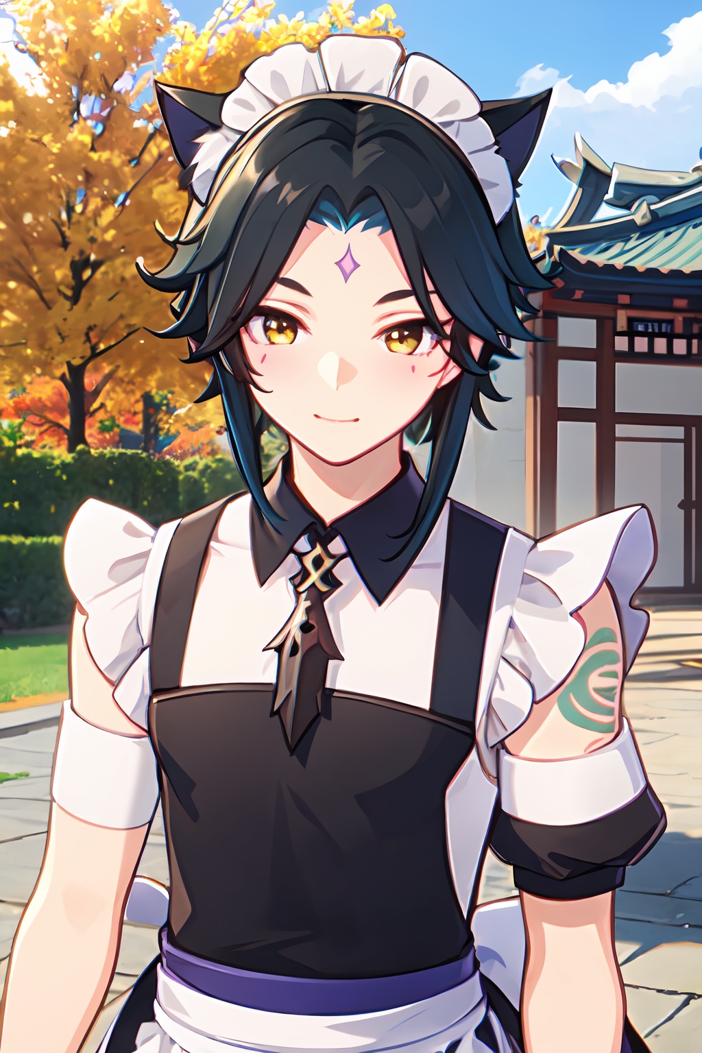 masterpiece,best quality,outdoors,upper body,xiao (genshin impact),1boy,solo,male focus,<lora:xiao-000010:0.7>,(maid:1.5),(forehead mark:0.9),cat ears,blush,light smile,