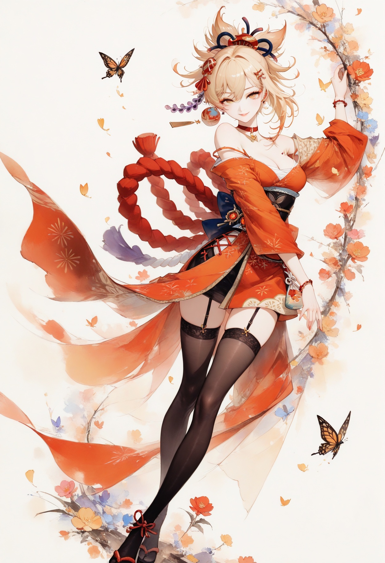 colorink,masterpiece,best quality,amazing quality,very aesthetic,sharp focus,high-end texture,(very awa,year 2024,newest,highres,absurdres), yoimiya_(genshin_impact), genshin_impact, 1girl, blonde_hair, yellow_eyes1girl,solo,long hair,narrow waist,long eyelashes,earring,smile,looking at viewer,lips,dress,seductive smile,parted lips,jewelry,hair clip,bracelet,hair ornament,flower,***,butterfly,falling petals,ace-trim,garter straps,thighhighs,full body,dynamic pose,(strap slip),off shoulder,long_sleeves,simple background,