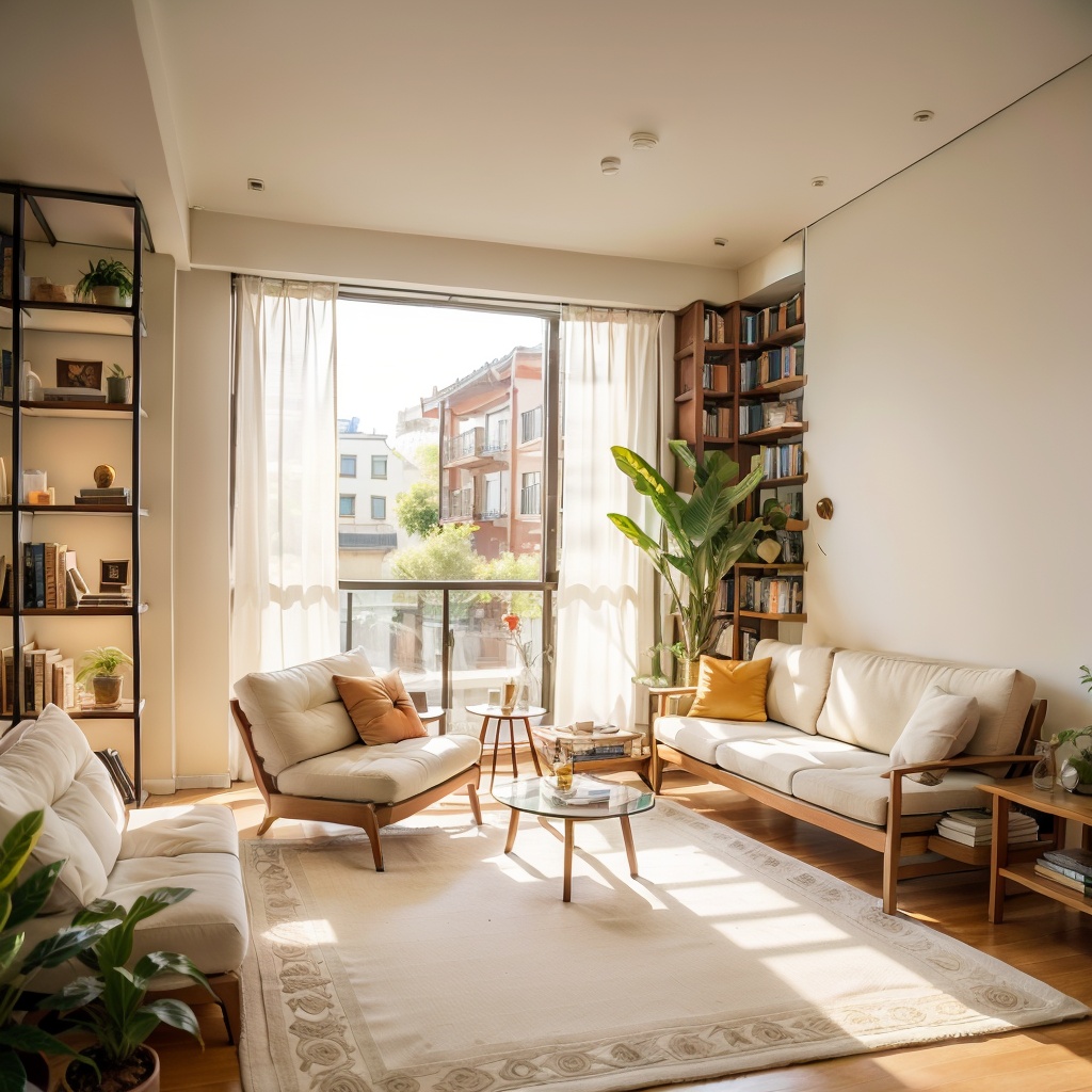 Interior, sofa, plants, scenery, no humans, bookshelves, couches, potted plants, scenery, Windows, flower POTS, sunlight, 
