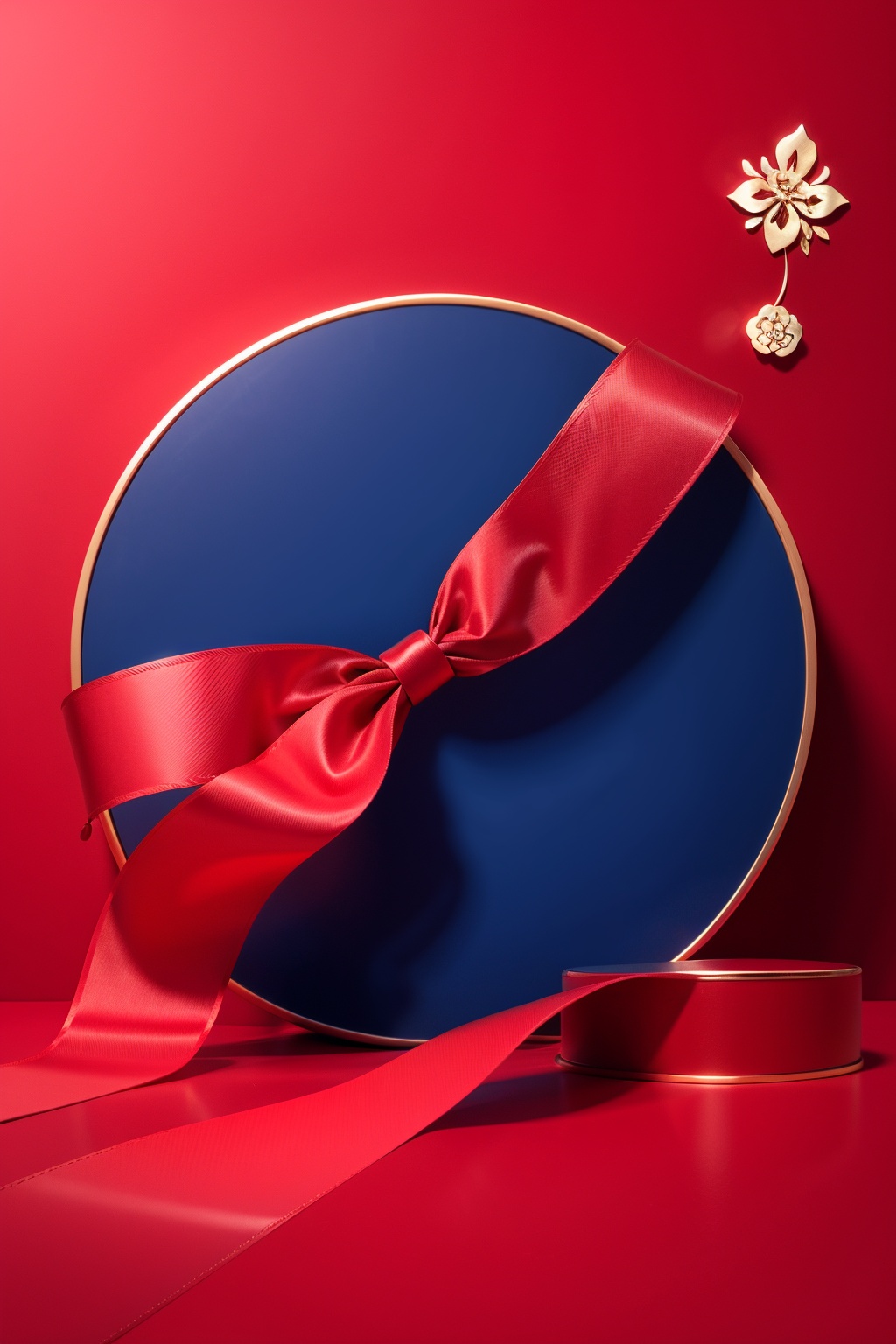 masterpiece,best quality,CNY_stage,close-up, no humans, ribbon, simple background, red background