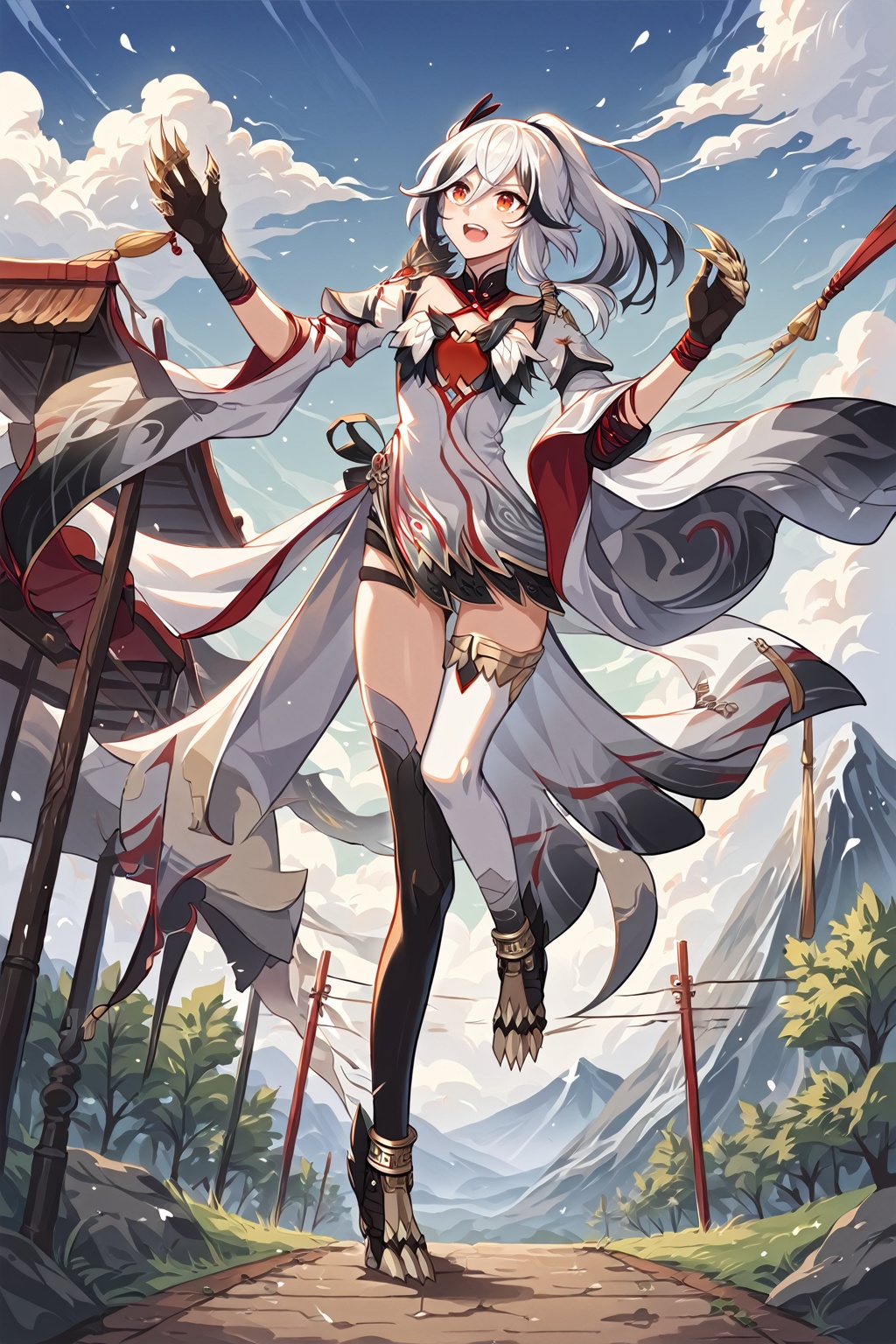 score_9, score_8_up, score_7_up,solo, 1girl, Fu Hua(CoT), hair accessory, hair between eyes, ponytail, taoist robe, claw-gloves, claw-footwear, asymmetrical thighhighs,  scattered clothing hem,outdoors, mountain, snowing, withered tree, blue sky, cloud, running, weed,footpath,<lora:CoT_v1.3_PONY:0.9>,