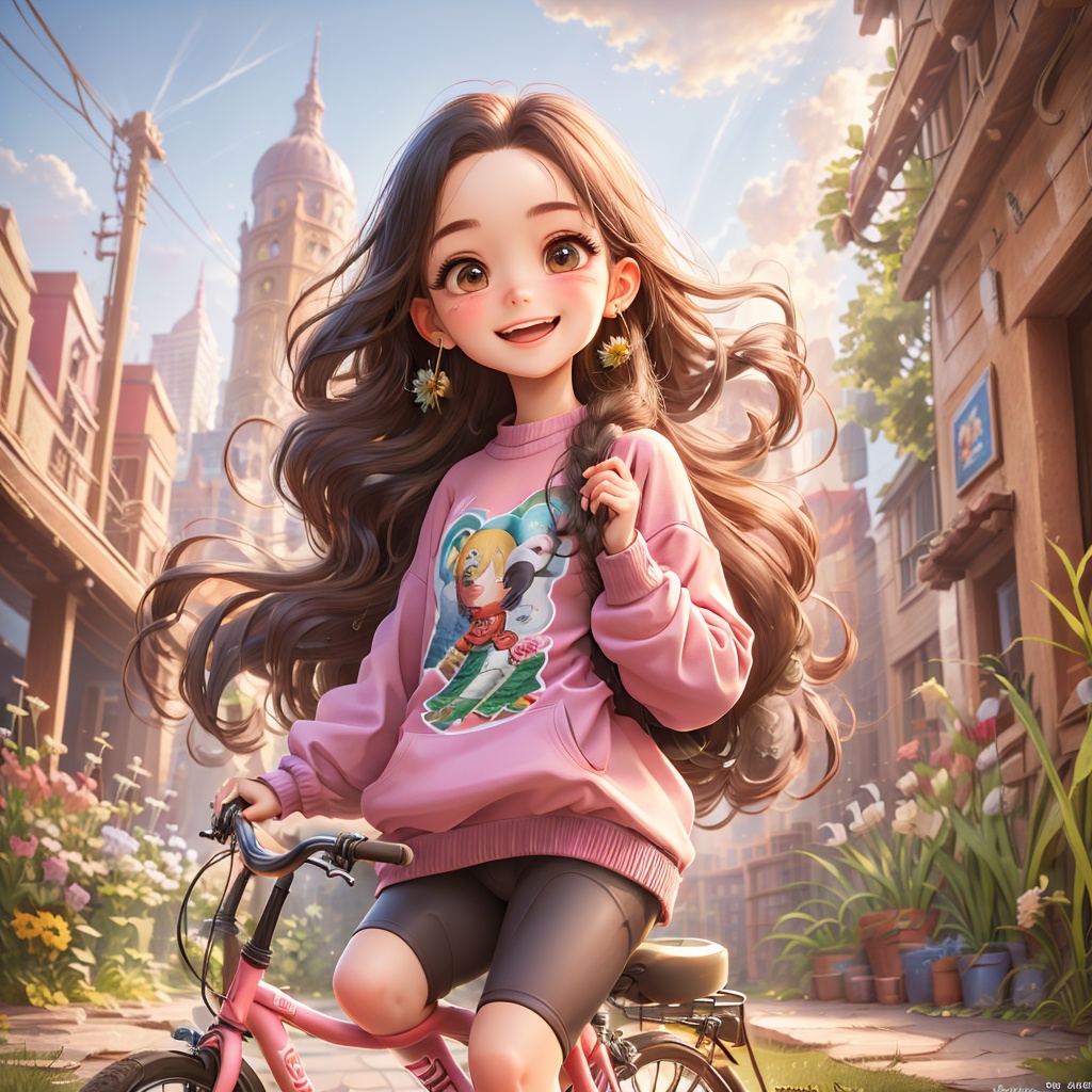 1girl,yapi,Open her mouth and laugh,long hair,earrings,pink sweater,Riding bikes,grass,flower,cloud,sky,train station,