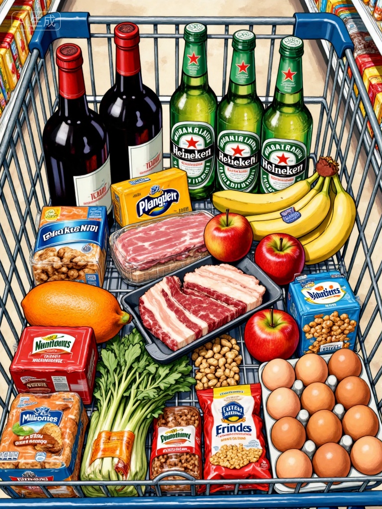 Realistic style of food illustration,(Illustration of a supermarket shopping cart), Main subject: A supermarket shopping cart filled with products , Product details: , Alcohol: Two bottles of red wine, four bottles of Heineken beer , Fresh: Packaged bacon, roasted chicken, steak, bagged leafy vegetables , Fruits: Oranges, red apples, green apples, bananas , Dairy: Boxed cheese , Snacks: Cookies from various brands, nuts (such as Planters nuts) , Other: A box of eggs , Style: Realistic illustration, rich in details, realistic colors, recreating the atmosphere of a supermarket shopping scene., Negative prompt: ng_deepnegative_v1_75t,(badhandv4:1.2),EasyNegative,(worst quality:2),,nsfw, Steps: 30, Sampler: Euler, CFG scale: 7.0, Seed: 1025454659, Size: 768x1024, Model hash: 8cba4f1ef4, Model: F.1基础算法模型-哩布在线可运行_F.1-dev-fp8.safetensors, Denoising strength: 0, RNG: CPU, Lora 1: 而已, Lora Hash 1: de715ed38f, Lora Weight 1: 0.8, vae_name: automatic