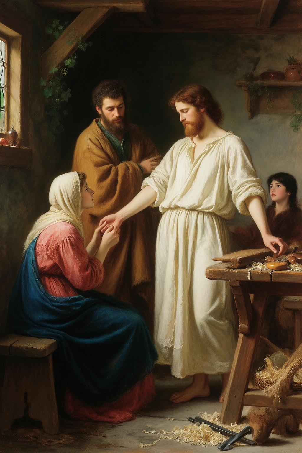 John Everett Millais style,  Christ in the carpenter's shop with Mary and Joseph,  young John the Baptist on Tensor.Art