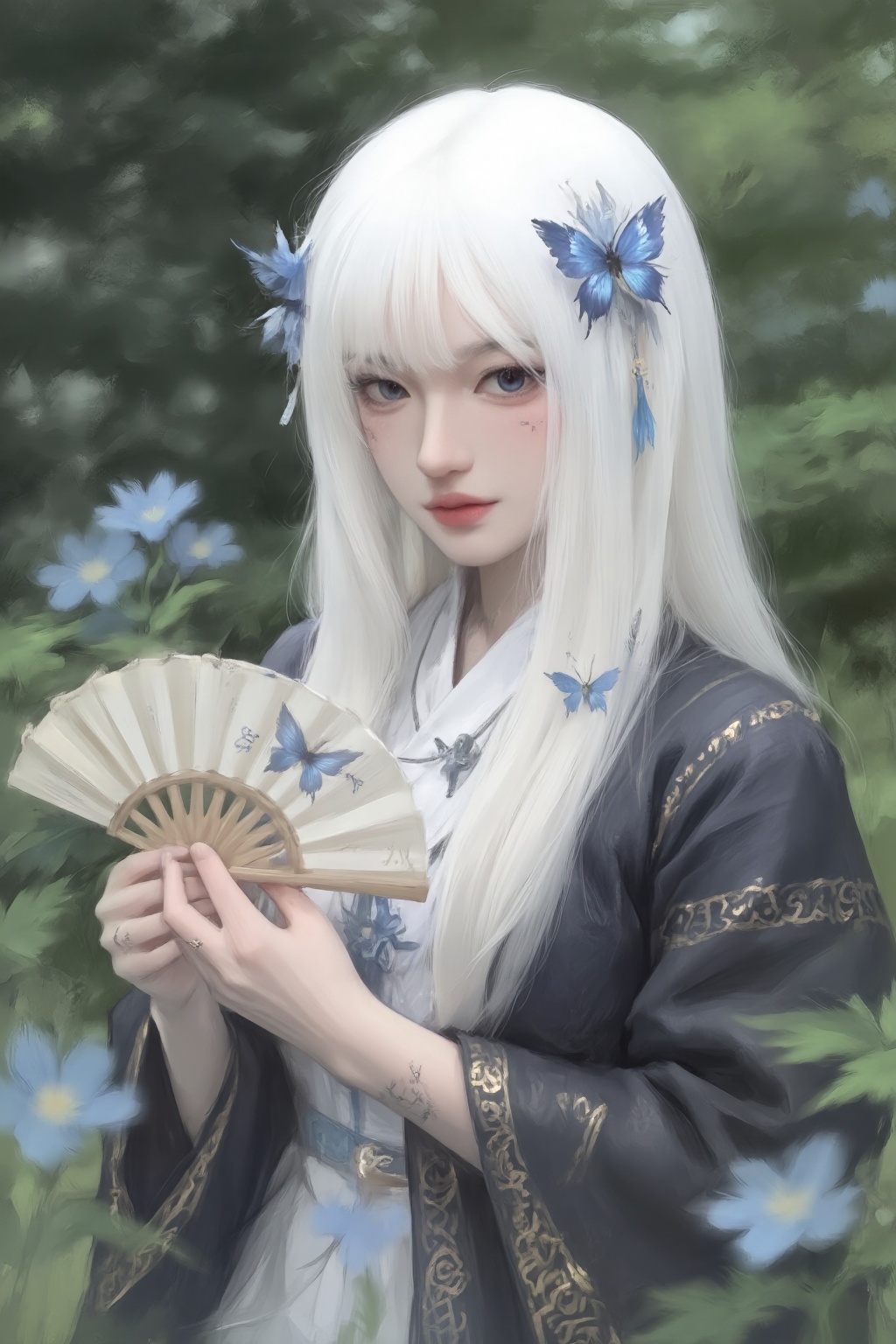 ZOZ_HEHUHU,ZOZ_HTXS,The image depicts a serene and ethereal scene with a character holding a fan. The character has long,flowing white hair adorned with a blue butterfly and a small bird. They are dressed in traditional attire with intricate patterns and a dark robe over a white garment. The background is a lush,green,and softly blurred natural setting,possibly a garden or forest,with delicate blue flowers and butterflies adding to the tranquil atmosphere. The characters face is marked with subtle,traditional-style tattoos,and they have striking blue eyes. The overall aesthetic is calm and harmonious,blending natural beauty with traditional elements.,
