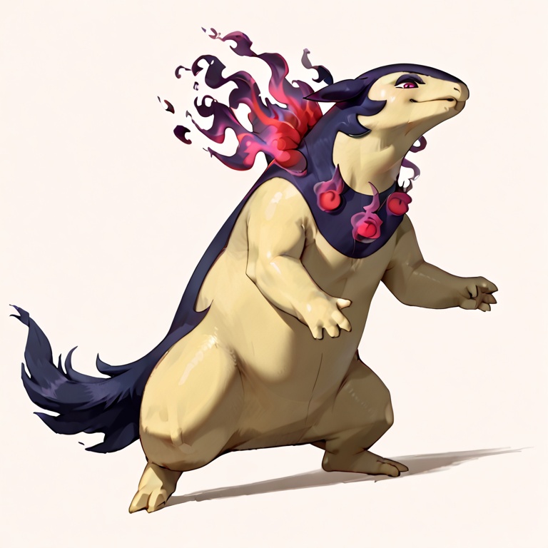 masterpiece,(hisuian typhlosion:1.1),best quality,feral,solo,full body,simple background,pokemon \(creature\),<lora:hisuian typhlosion XL:1>,5 finger,3toes,score_9,score_8_up,score_7_up,from_below,standing,seductive_smile,