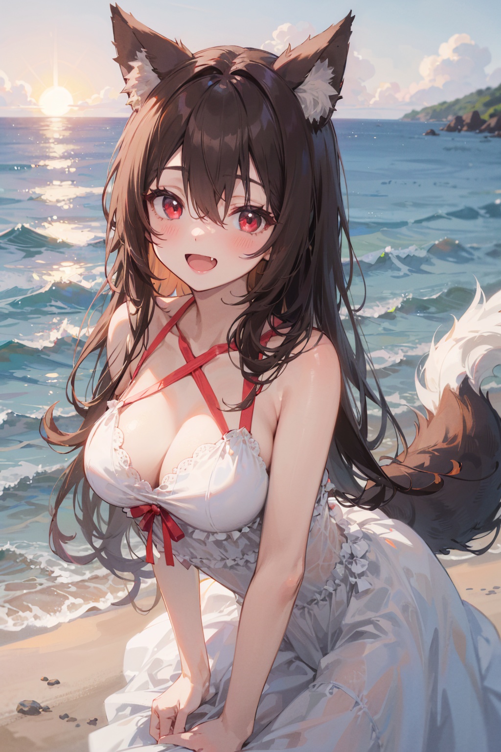 masterpiece,best quality,1girl,solo,looking at viewer,brown hair,hair between eyes,bangs,very long hair,red eyes,wolf ears,wolf tail,blush,open mouth,smile,:d,fang,large breasts,bare shoulders,(white sundress),upper body,leaning forward,outdoors,sun,sea,beach,day,blurry background