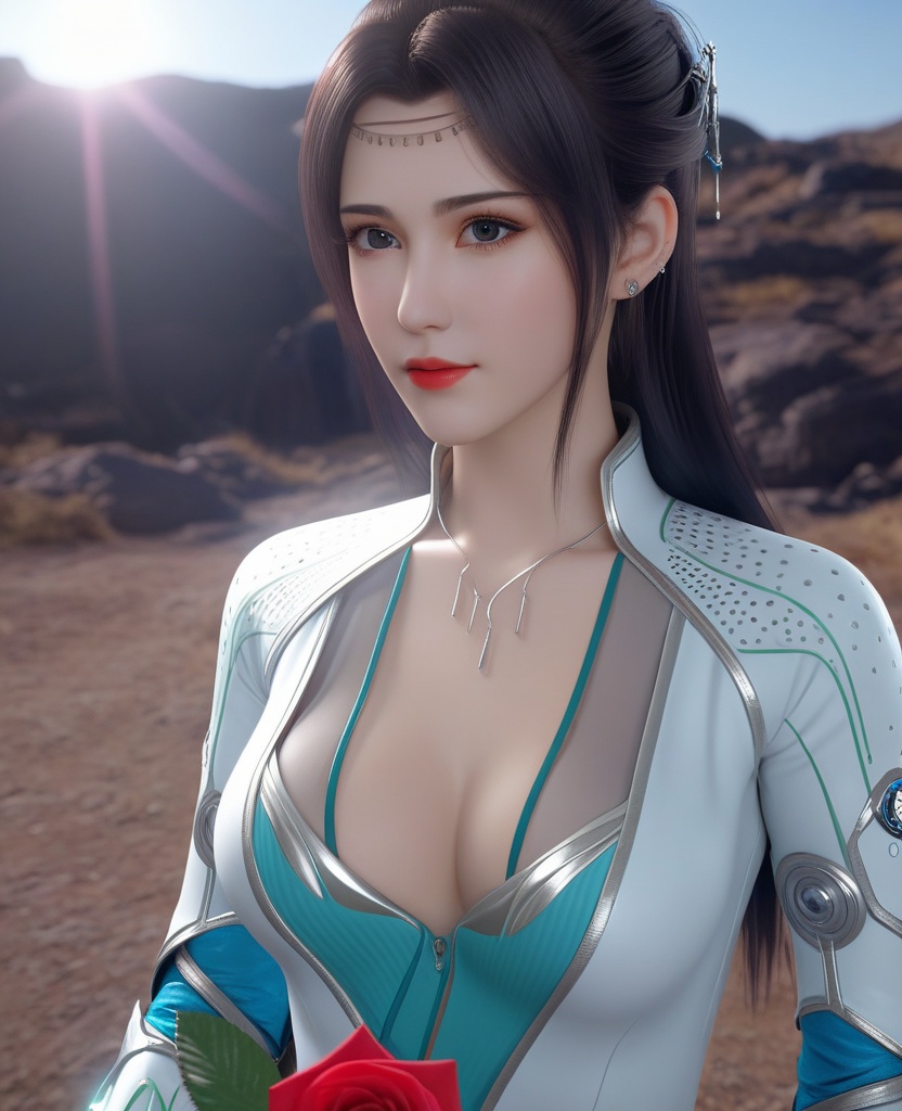 <lora:575-DA-XL-斗破苍穹-云韵-绿服:0.8>(,1girl, ,best quality, ),looking at viewer,masterpiece, (( , )),, realistic,science fiction,mole, ultra realistic 8k cg, sun ,  rose,(cleavage), (),