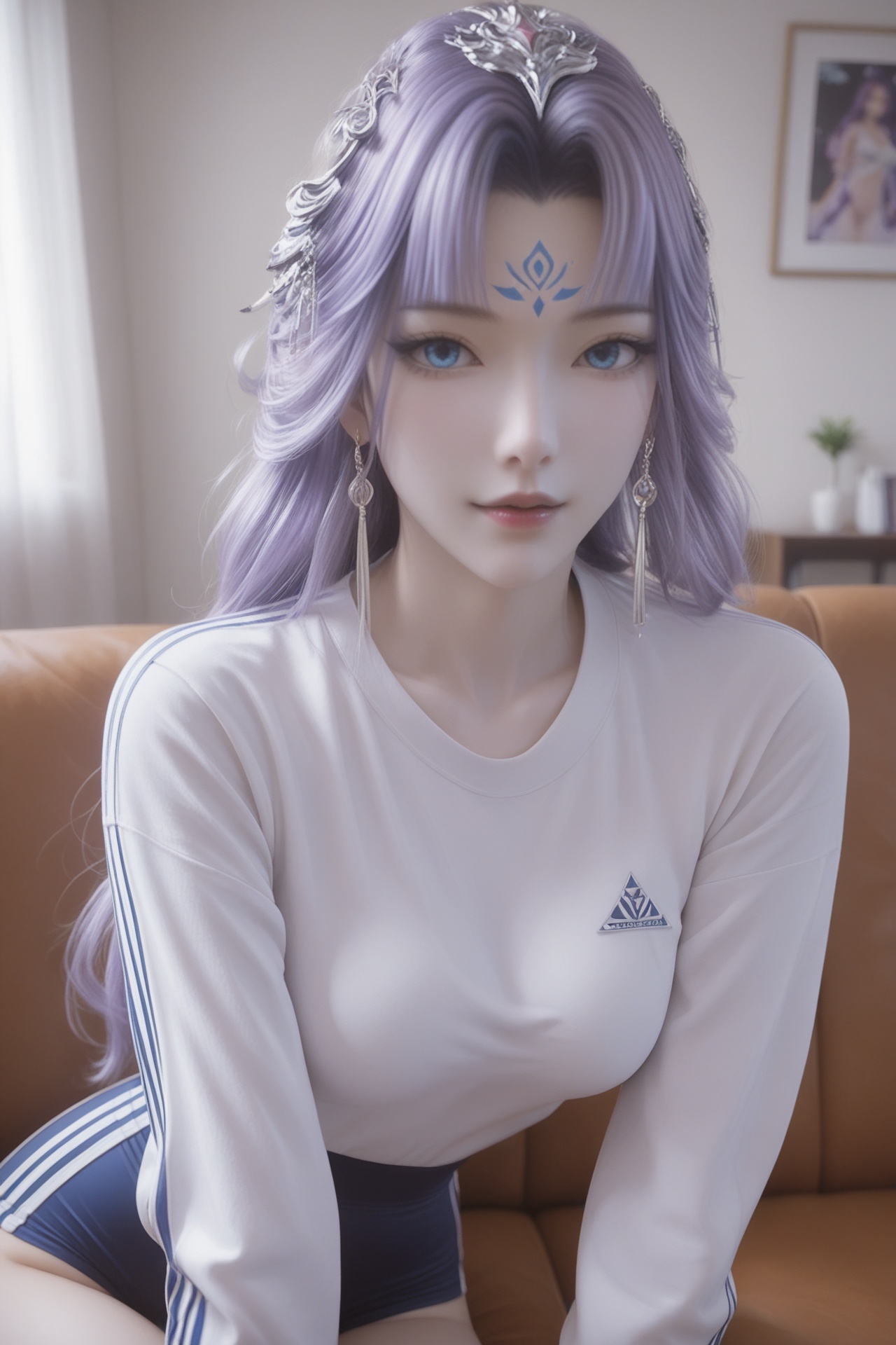 hongfen,<lora:hongfenXL:0.7>,score_9,score_8_up,source_anime,score_7_up,highly detailed,ultra-high resolution,32K UHD,sharp focus,best-quality,masterpiece,unconventional supreme masterpiece,masterful details,temperate atmosphere,with a high-end texture,in the style of fashion photography,Dynamic Angle,(Dynamic posture:1.1),1girl,medium breasts,looking at viewer,pale skin,living room,sofa,hanging light,sportswear,blue eyes,earrings,long hair,purple hair,forehead mark,