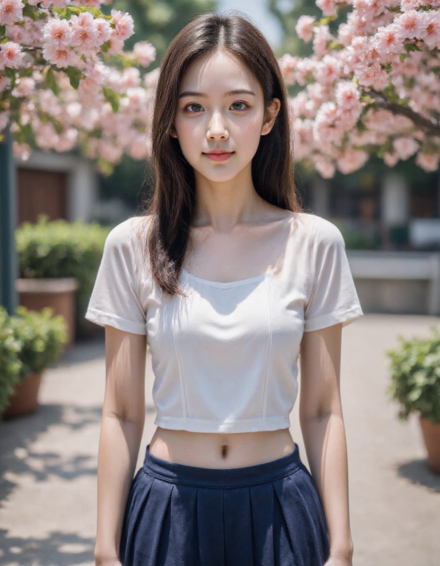 <lora:20250110_Again_Girl_F.1_6:1>,HDR photo, high quality, masterpiece, realistic, photorealistic, ultra high res, highly detailed skin, 1girl, solo, smile, centered shot, from front, face and waist, long hair, look at viewer, cute face, symmetrical body, breasts, perfect anatomy, school uniform, pleated skirt, peach blossom, flower petal