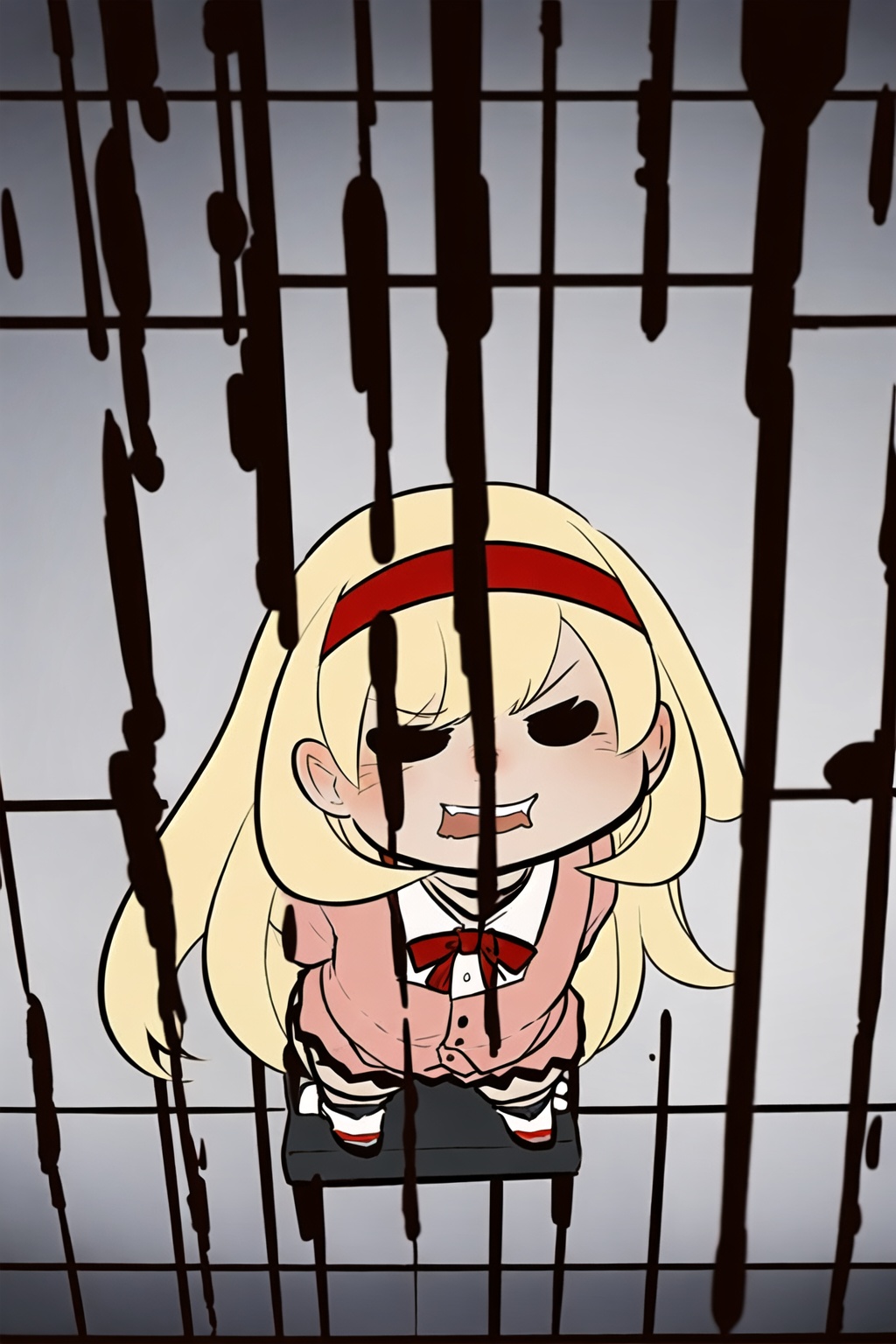 1girl,wsdxj,solo,ojousama,narrow one's eyes,cuteg,red headband,red bowtie,overlook,full body,age regression,rejection,(torture chamber:1.3),evil atmosphere,