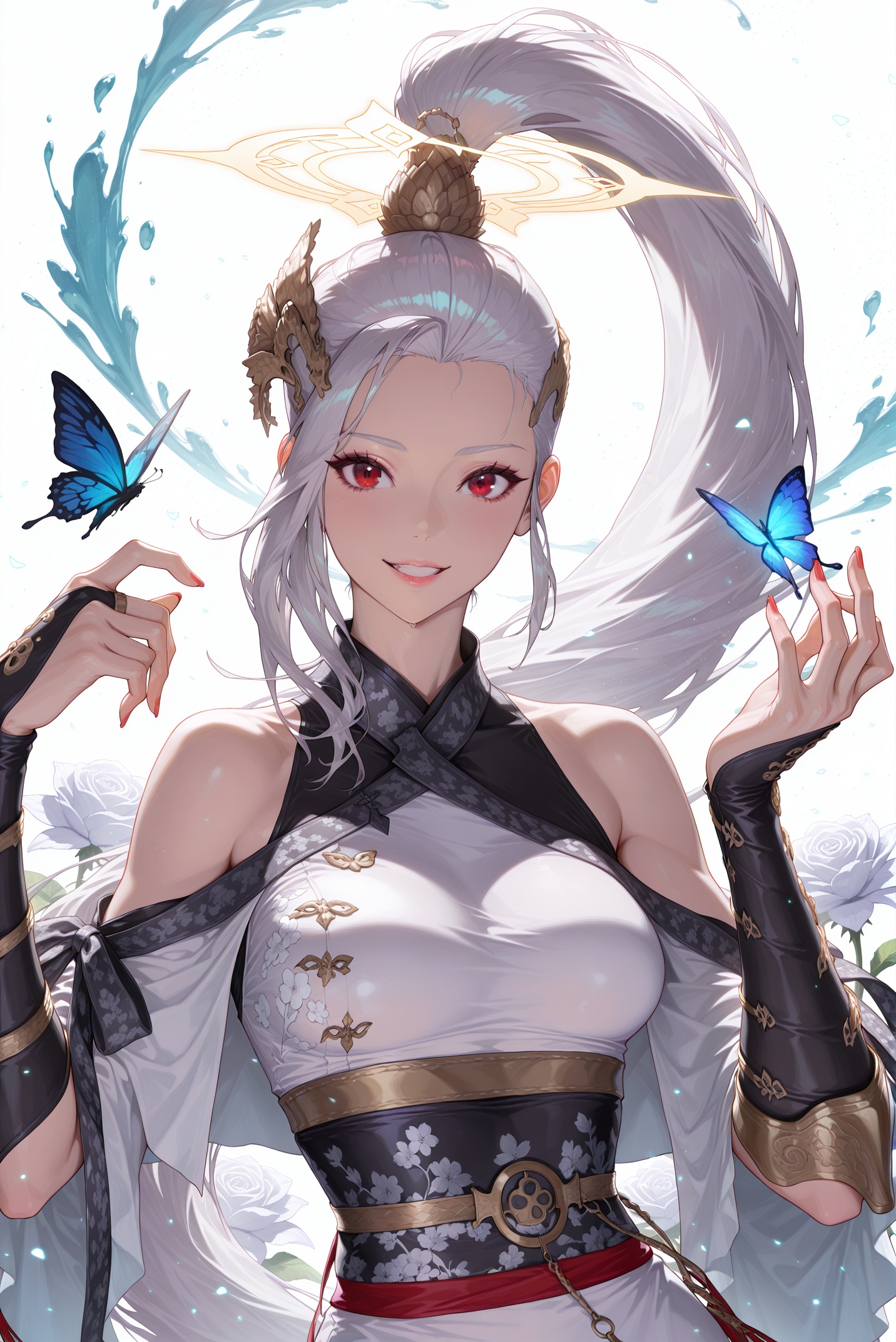<lora:jiandie-000178:1>,vagabond \(dungeon and fighter\),clothes: vagabond def chinese clothes,red eyes,silver hair,high ponytail,vagabond hair ornament,1girl,solo,long hair,very long hair,white hair,open lips,breasts,smile,bare shoulders,medium breasts,nails,upper body,teeth,depth of field,holding,looking at the viewer,raising hands,looking up,standing,cowboy lens,blur,water,liquid,simple background,white background,(ink:1.3),butterfly,bug,flower,nail polish,masterpiece,high resolution,absurd,beautiful,very beautiful,drawing\medium\,charcoal\medium\,floral pattern,(light and shadow contrast:1.3),chaos art,bright colors,multicolor,high contrast,glitch background,Halo,Light particles,lens flare,