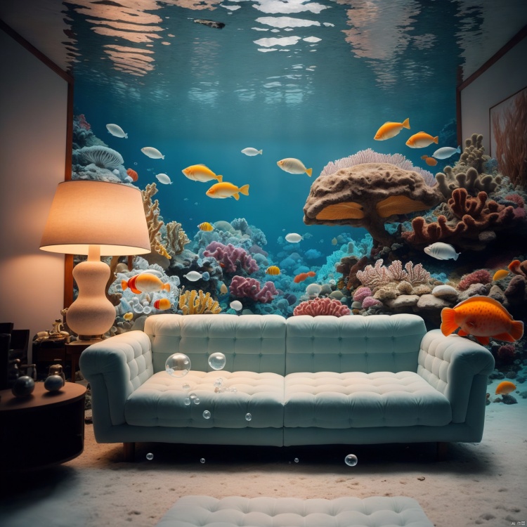A room with a blue sofa and a chair, both decorated comfortably and elegantly. Next to them, there is a transparent bubble filled with a beautiful underwater world. You can see colorful fish swimming freely and several jellyfish twinkling faintly. In the center of the scene, there is a pillow printed with a seascape pattern. The whole picture is filled with a peaceful and harmonious atmosphere. A high-definition, high-quality image featuring an indoor scene with a blue theme, underwater, bubbles, jellyfish, fish, and a pillow with a scenic print.<lora:EMS-333180-EMS:0.800000>