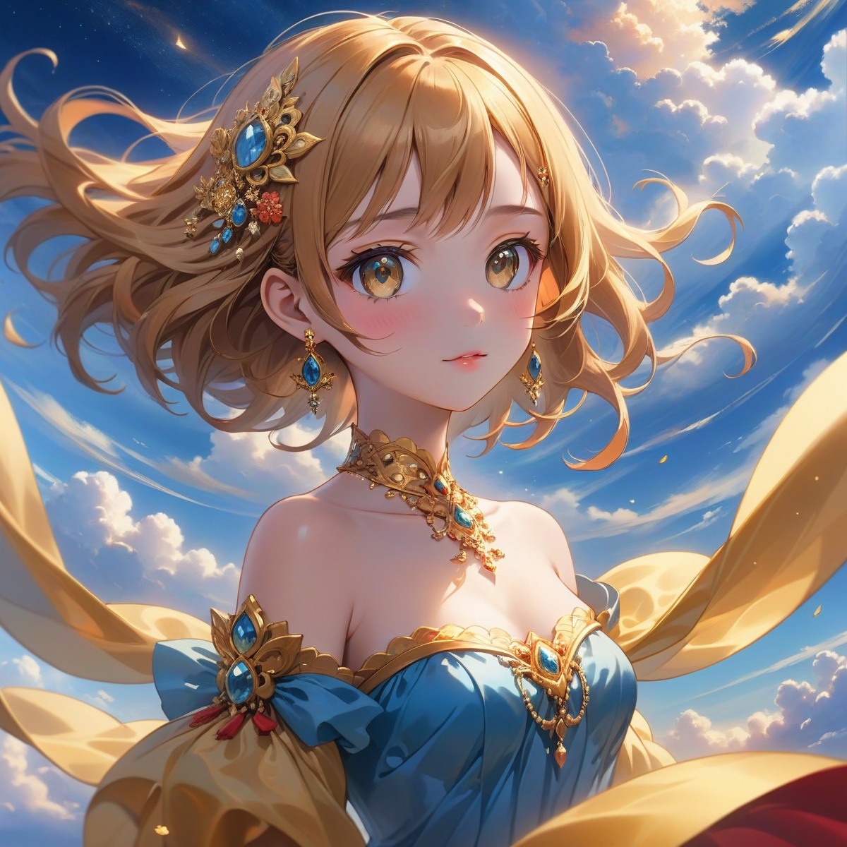 world masterpiece theater,((best quality)),depth of field,((illustration)),(1 girl),anime face,medium_breast,floating,beautiful detailed sky,looking_at_viewers,an detailed organdie dress,very_close_to_viewers,bare_shoulder,golden_bracelet,foc,