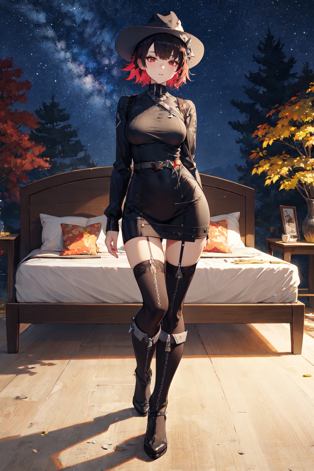 <lora:Ellen-000010:0.8>,Ellen CYQL,1girl,looking at viewer,solo,shark girl,short hair,black hair,red hair,multicolored hair,colored inner hair,red eyes,tail,shark tail,(Turtleneck_sweater_dress:1.5),(Thigh-high_boots:1.4),(Wide-brim_hat:1.3),(Autumn_foliage_background:1.3),happy,bust,Spaceship bed, Futuristic furniture, LED lighting, Galactic wall mural, Sci-fi collectibles,(Maple trees, Pumpkin patches, Fall foliage, Crisp air, Harvest time, New England landscape:0.5),beautiful detailed sky,beautiful detailed glow,posing in front of a colorful and dynamic background,masterpiece,best quality,beautiful and aesthetic,contrapposto,female focus,wallpaper,