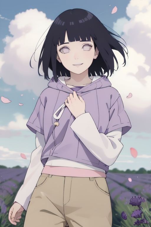 masterpiece,absurdres,hinata\(boruto\),1girl,solo,mature female,purple hoodie,layered sleeves,brown pants,outdoors,lavender flower field,wind,floating hair,hand on own chest,looking at viewer,smile,(falling petals),cloudy sky,<lora:lbc_Hyūga Hinata_Naruto24324_v1.0:1>,