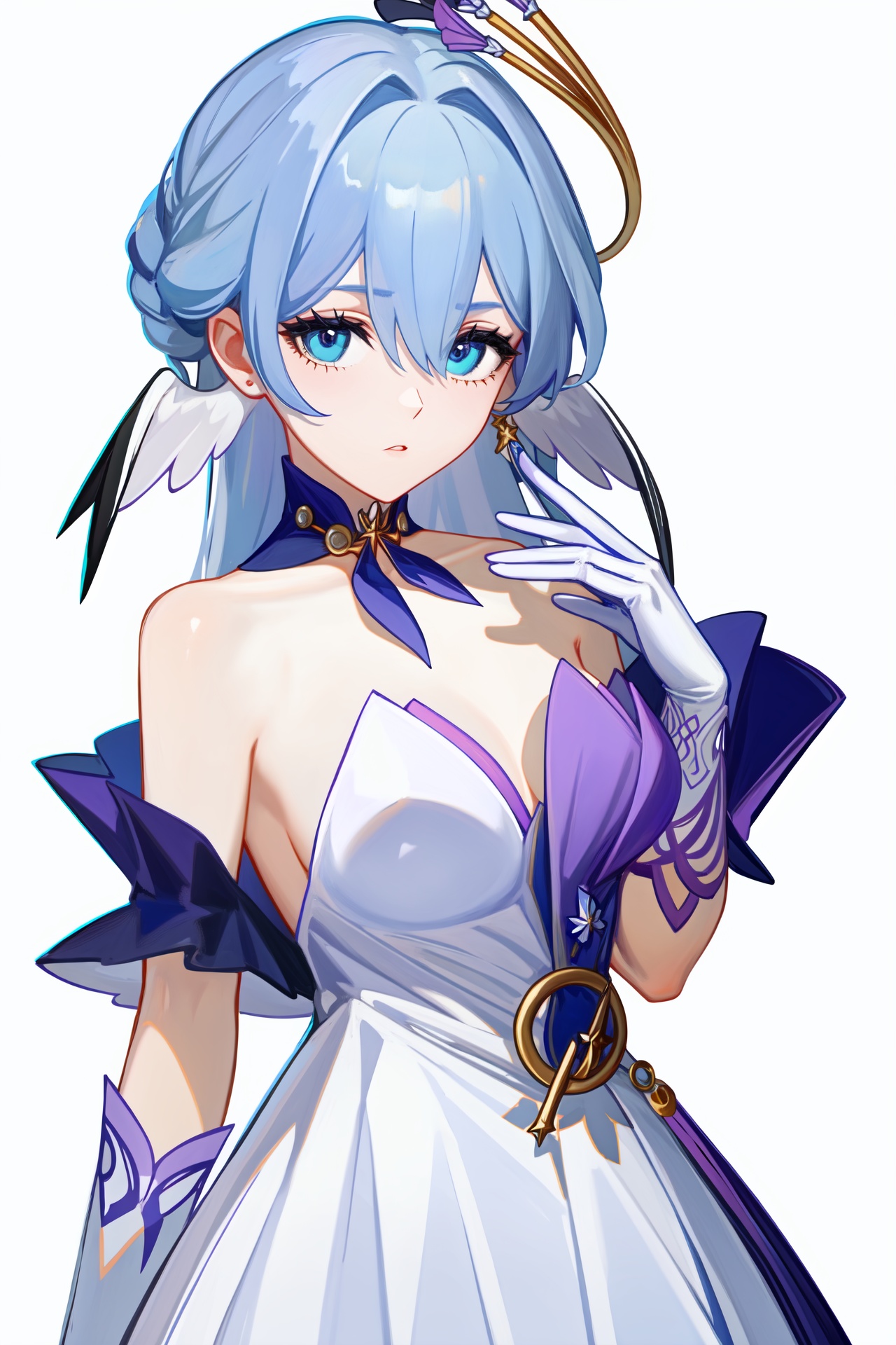 1girl,robin,head wings,strapless dress,white gloves,white dress,purple dress,collarbone,<lora:知更鸟v15:1:lbw=char>,blue hair,<lora:nai3画风bysdlion-000035:1:lbw=paint>,, (masterpiece,best quality,high quality:1.4),absurdres,