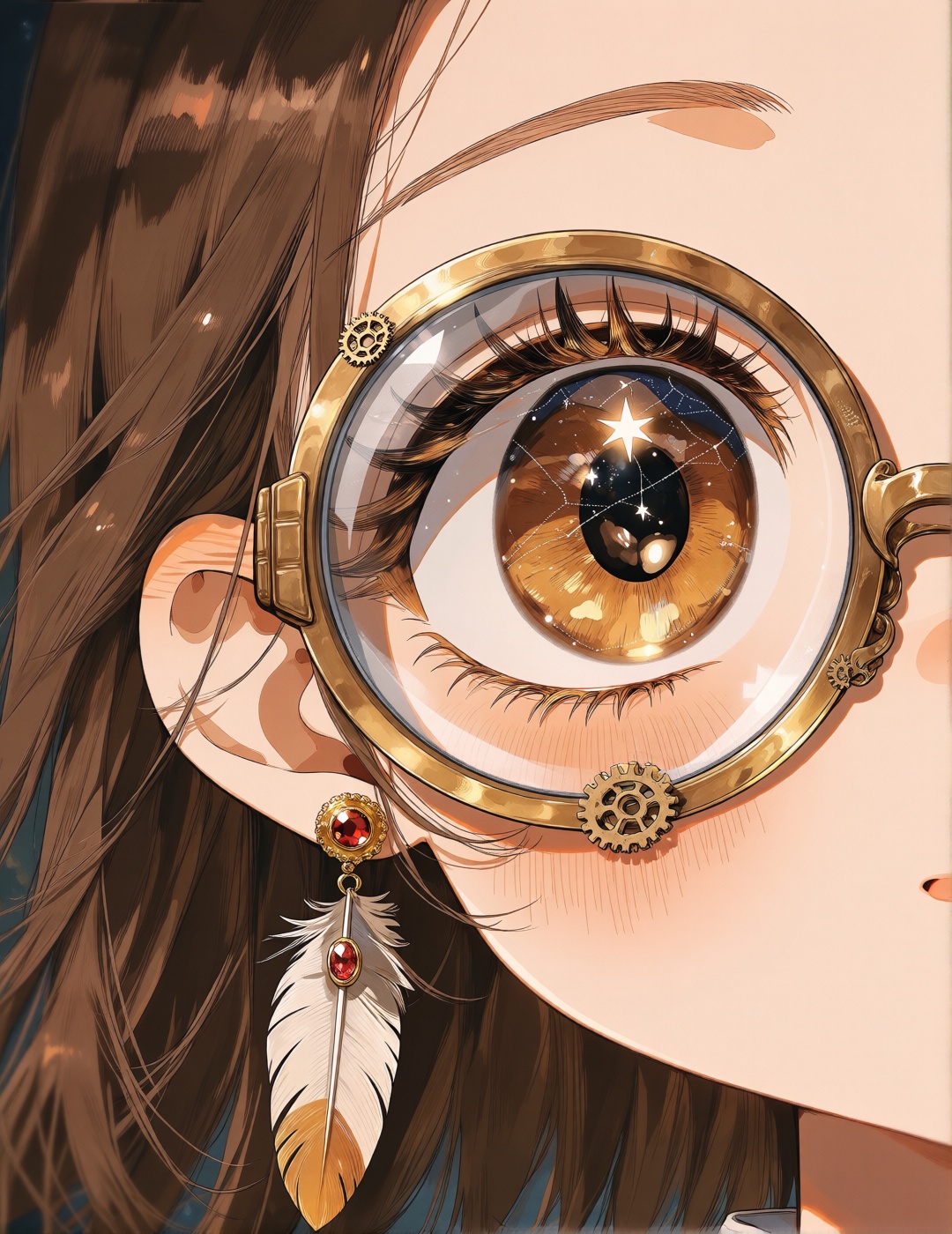一张复古奇幻风格的动漫特写,  画面聚焦于少女的右眼,  她戴着一个精致的黄铜色单片放大镜 by BP-miaomiao on Tensor.Art