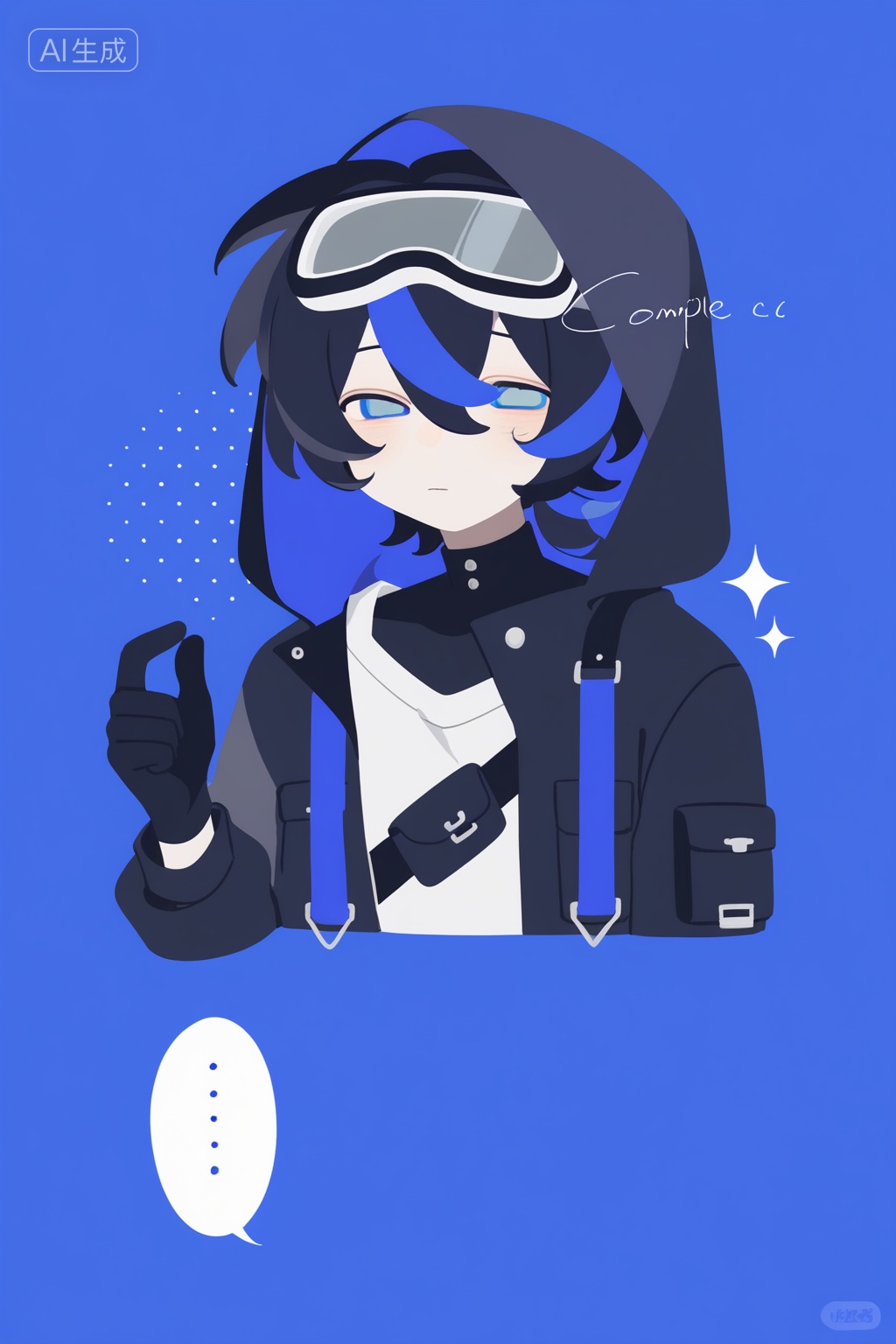 solo,, looking at viewer,, short hair,, blue eyes,, simple background,, shirt,, black hair,, gloves,, 1boy,, hair between eyes,, closed mouth,, blue hair,, jacket,, upper body,, male focus,, multicolored hair,, black gloves,, hood,, speech bubble,, english text,, streaked hair,, black jacket,, blue background,, goggles,, ...,, hooded jacket,, hood up,, spoken ellipsis,, goggles on head,, cropped torso,, Negative prompt: ng_deepnegative_v1_75t,(badhandv4:1.2),EasyNegative,(worst quality:2),serrated black border,username,out of focus,bad proportions,cropped,watermark,signature,worstquality,grayscale,logo,text,blurry,low quality,bad anatomy,sketches,lowres,normal quality,monochrome,simple.co,,nsfw, Steps: 44, Sampler: Euler a, CFG scale: 7.0, Seed: 20670948, Size: 1024x1536, Model hash: fe1361c879, Model: illustrious_v20_1.safetensors, Denoising strength: 0.0, RNG: CPU, Lora 1: Art-维C, Lora Hash 1: ffd1cb65f2, Lora Weight 1: 0.8, vae_name: automatic