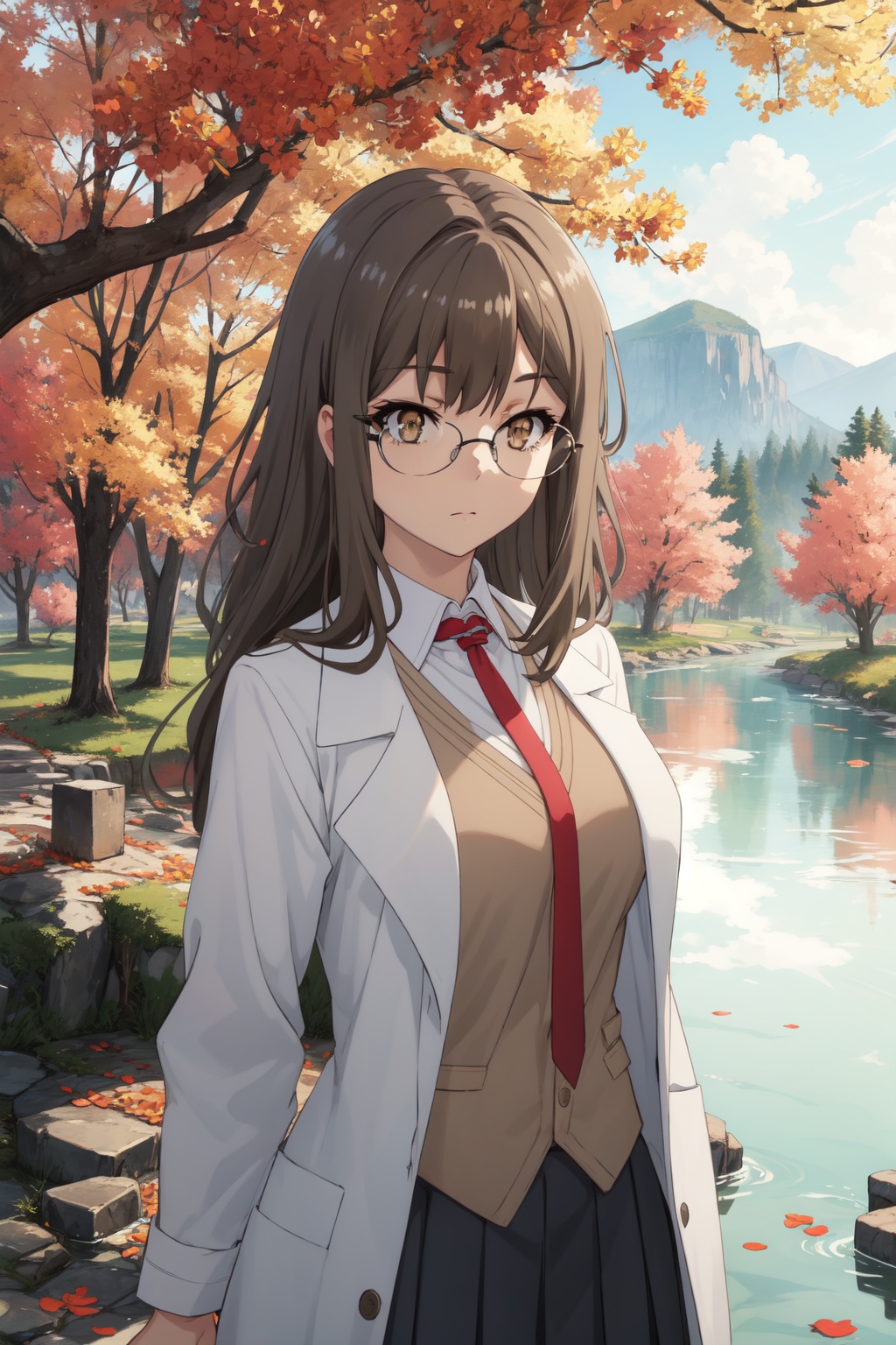<lora:Rio-000014:0.8>,Rio CYQL,1girl,looking at viewer,solo,brown_hair,long_hair,bangs,brown_eyes,glasses,rimless_eyewear,labcoat,school_uniform,shirt,necktie,skirt,vest,moaning,full_shot,Autumn, Foliage, River, Reflection, Colors, Trees, Serenity, Beauty,(Moss-covered stones, Moss garden, Spring rain, Zen serenity, Refreshing drizzle, Japanese tranquility:0.5),beautiful detailed sky,beautiful detailed glow,posing in front of a colorful and dynamic background,masterpiece,best quality,beautiful and aesthetic,contrapposto,female focus,wallpaper,