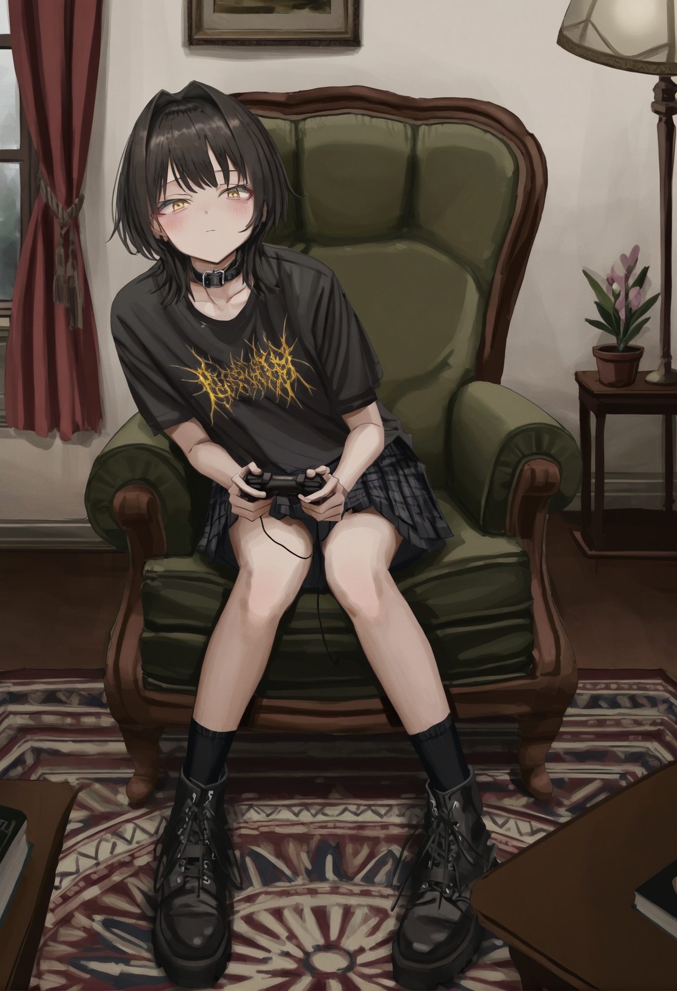 masterpiece, best quality,1girl, solo, shirt, black shirt, sitting, skirt, collar, controller, chair, yellow eyes, indoors, curtains, holding controller, plant, blush, rug, black skirt, boots, bangs, medium hair, potted plant, plaid skirt, black collar, belt collar, black footwear, plaid, black socks, holding, looking at viewer, pleated skirt, black hair, short sleeves, closed mouth, hair intakes, lamp, full body, socks, carpet, window, armchair, game controller, ankle boots, miniskirt, t-shirt, on chair  <lora:GUXLlokr8f-000183:0.95>