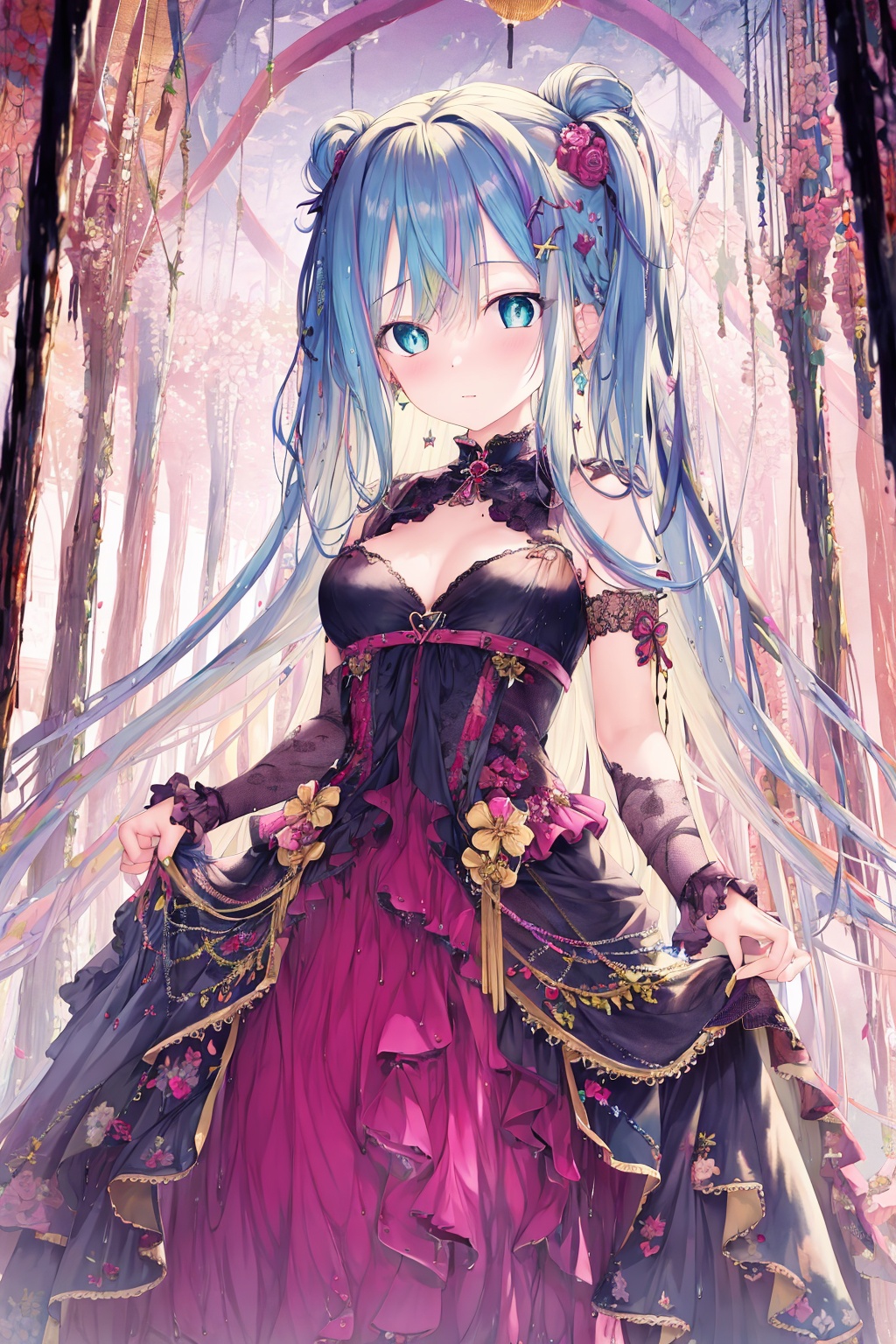 <lora:艺术家_TwinBox3:1>, (official art:1.2),(colorful:1.1),(masterpiece:1.2),best quality,masterpiece,highres,original,extremely detailed wallpaper,1girl,solo,very long hair,(loli:1.3),vibrant color palette,dazzling hues,kaleidoscopic patterns,enchanting young maiden,radiant beauty,chromatic harmony,iridescent hair,sparkling eyes,lush landscapes,vivid blossoms,mesmerizing sunsets,brilliant rainbows,prismatic reflections,whimsical attire,captivating accessories,stunning chromatic display,artful composition,picturesque backdrop,breathtaking scenery,visual symphony,spellbinding chromatic enchantment,(shiny:1.2),(Oil highlights:1.2),[wet with oil:0.7],(shiny:1.2),[wet with oil:0.5]