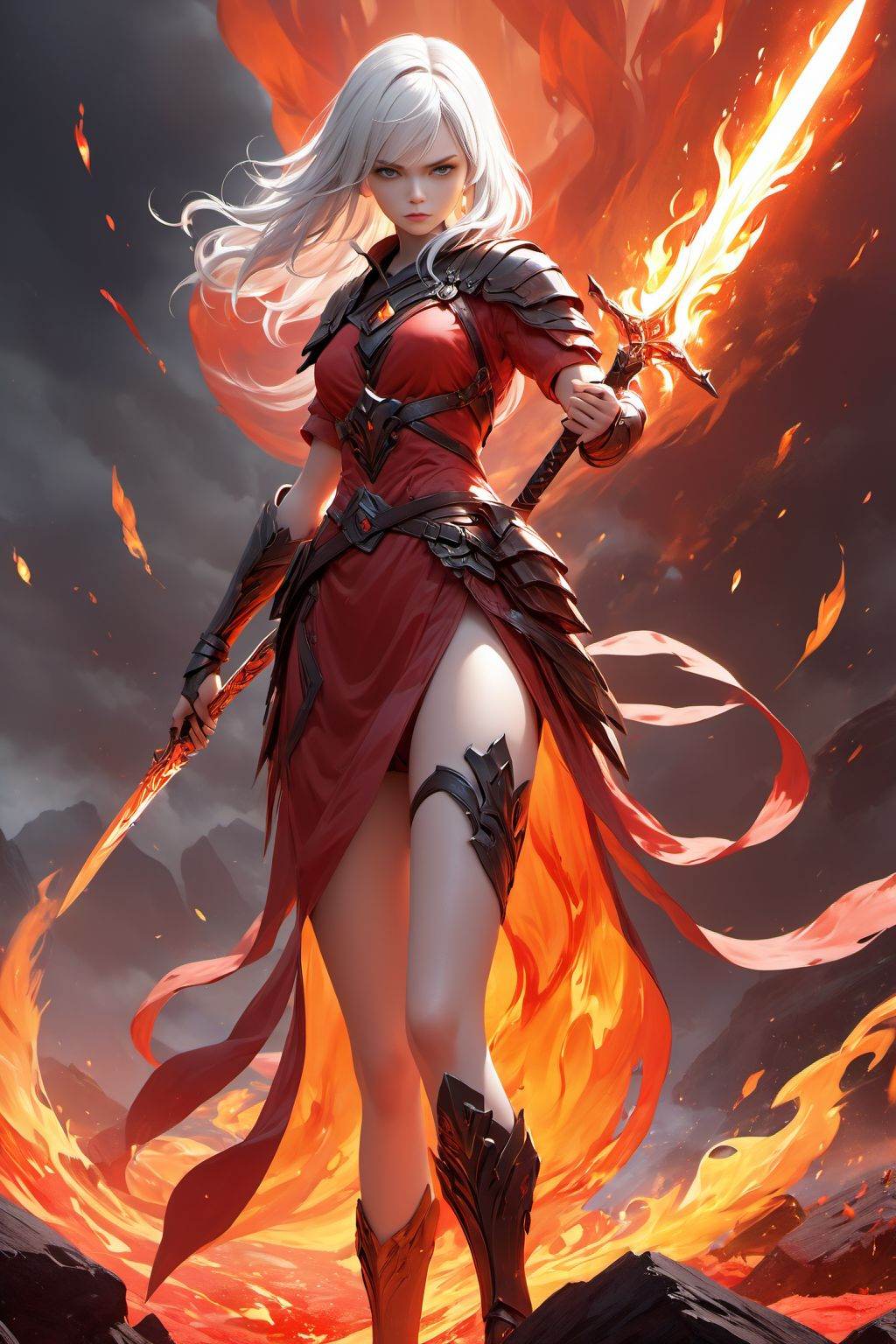 best quality,masterpiece,realistic,Highly detailed,ultra-fine painting,extreme detail description,Vivid Colors,huge_filesize,wallpaper,official art,extremely detailed CG unity 8k wallpaper,absurdres,1girl,solo,red clothes,white hair,red long knife,red background,magma,flame,battlefield,dazzling cool,Turning,standing,