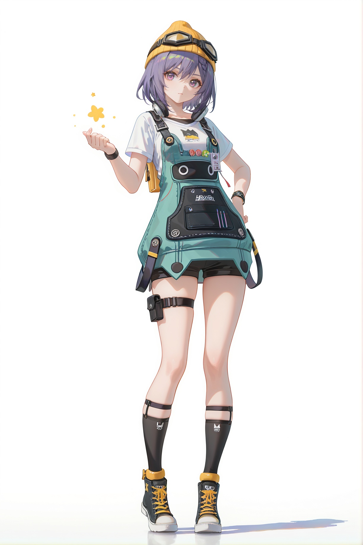 8k,best quality,masterpiece,(ultra-detailed),(high detailed skin),((artist:reoen),(artist:fuzichoco),(artist:atdan),(artist:torino_aqua),year 2024:0.8)1girl,[artist:wlop],[artist:ningen_mame],artist:ciloranko,[[artist:rhasta]],artist:tidsean,colorful,jijia,2d,ambient light,full body,full shot,standing,looking at viewer,(solo:1.2),simple background,(white background:1.2),hand on own hip,(white background:1.1),keqing \(genshin impact\),<lora:Susie-ill-Tanger-000014:0.8>,clothes: Susiedef casual outfit,cyan overall dress,goggles,yellow hat,short sleeves,shoes,black socks,