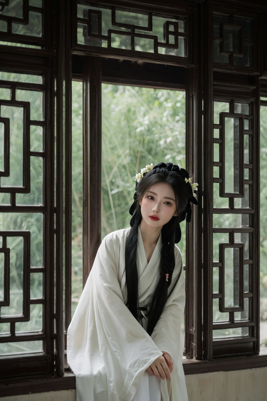 <lora:yuanlin_muggle:0.6>,yuanlin muggle,upper body,looking at viewer,smile,yuanlin muggle,1girl,long hair,black hair,hanfu,chinese traditional clothes,(through window:1.3),close up,