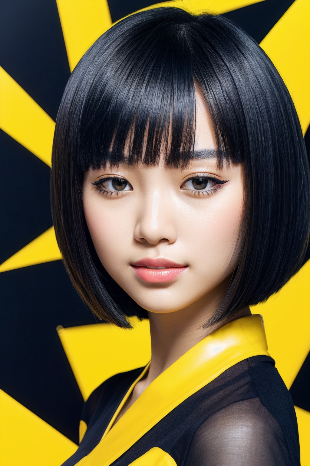 abstract portrait of an asian girl,bob_cut,fault art style,yellow and black color,passion,and freedom,blurred boundaries,high resolution,aesthetic,