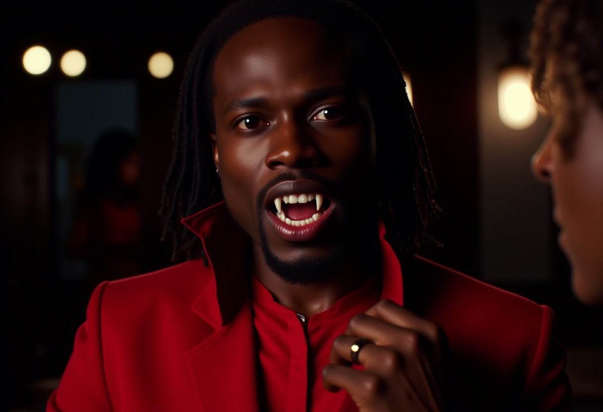 Vampyfangs1. a film still photo. 35mm. 4k. From a 2003 movie. a black Jamaican vampire and is showing off his fangs,  he i...
