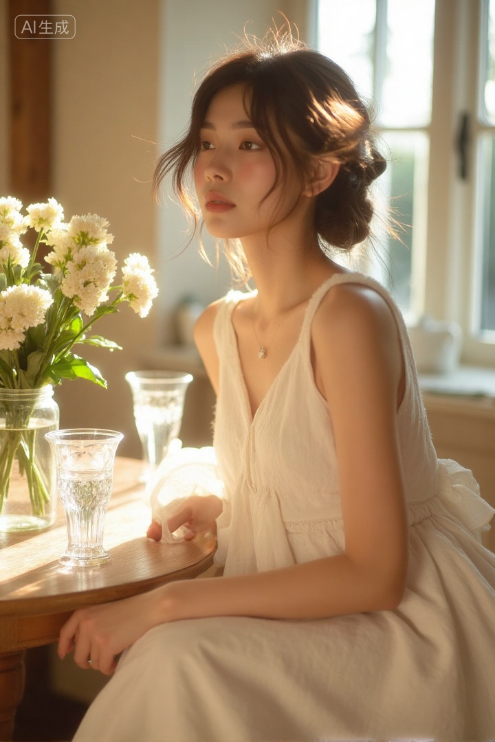 A woman in a white dress sitting by a wooden table with transparent glassware and a vase of white flowers,soft light,warm and artistic atmosphere,cozy afternoon scene.,, Negative prompt: ng_deepnegative_v1_75t,(badhandv4:1.2),EasyNegative,(worst quality:2),,nsfw, Steps: 30, Sampler: Euler, CFG scale: 3.5, Seed: 825589571, Size: 720x1080, Model hash: 8cba4f1ef4, Model: F.1基础算法模型-哩布在线可运行_F.1-dev-fp8.safetensors, Denoising strength: 0, RNG: CPU, Lora 1: 20250913-1757780180322-0001, Lora Hash 1: 2c61ab8cf8, Lora Weight 1: 0.8, vae_name: automatic