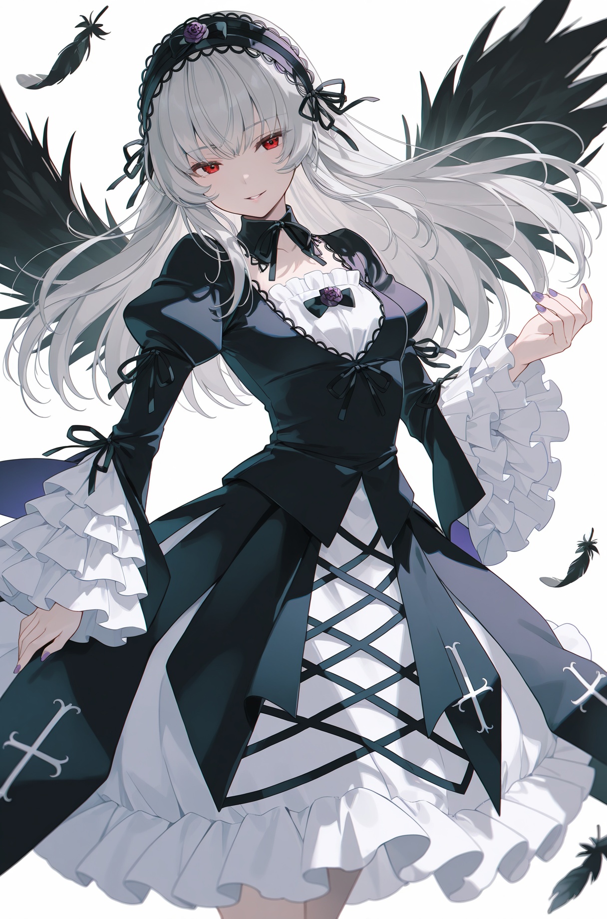 20,1girl, suigintou, solo, dress, red eyes, long hair, hairband, long sleeves, wings, looking at viewer, white background, simple background, black wings, frills, grey hair, lolita fashion, lolita hairband, frilled sleeves, ribbon, purple nails, parted lips, juliet sleeves, wide sleeves, smile, cross-laced clothes, black ribbon, white dress, feathers, black hairband, nail polish, cross-laced dress, puffy sleeves, gothic lolita, frilled hairband