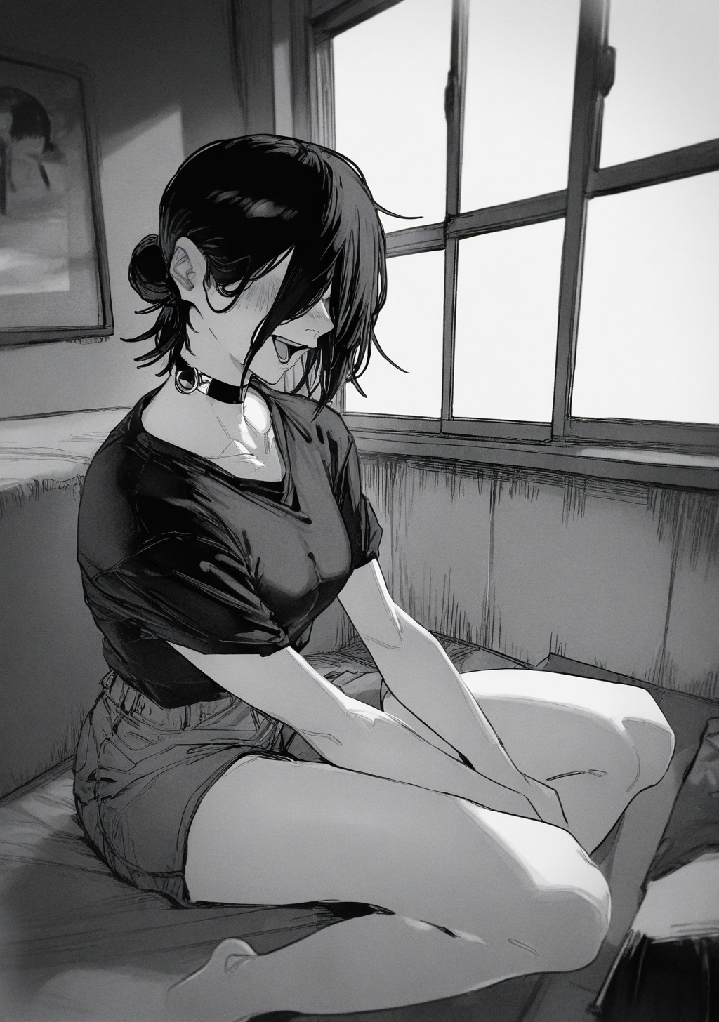 1girl,  hair bun,  monochrome on Tensor.Art