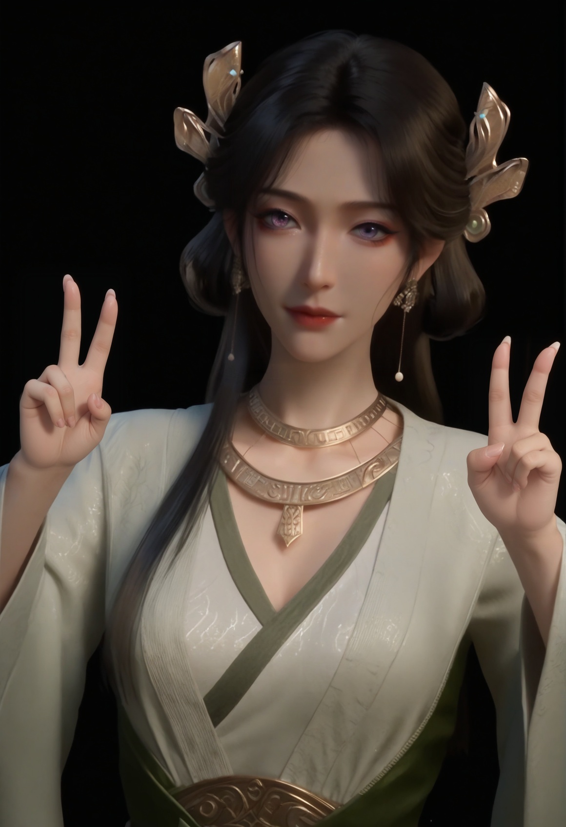 (score_9),<lora:梅凝1-Apony:0.85>,mn,(mature_female:1.1),solo,hair ornament,long hair,black hair,jewelry,earrings,necklace,long long sleeves,robe,<lora:perfect eyes_v1:0.8>,front view,bright pupils,<lora:Expressive_H-000001:0.8>,(double v),upper body,(glamor:1.2),collarbone,pointy breasts,puffy breasts,large breasts,narrow waist,curvy,simple background,black background,(white_skin:1.1),(fair_skin:1.1),