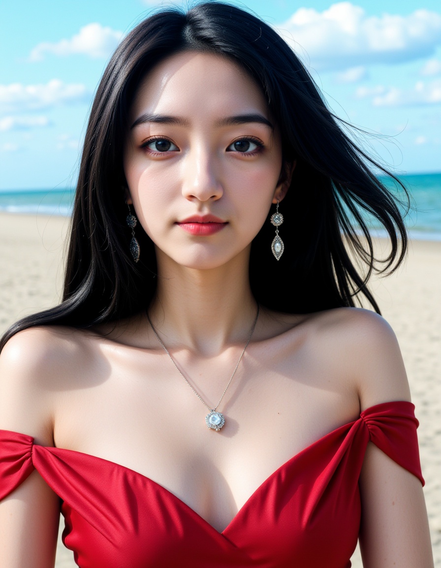 professional camera,1girl,solo,long hair,black hair,dress,bare shoulders,jewelry,eyes,earrings,outdoors,sky,necklace,dress,lips,sparkle,floating hair,wind,red lips,