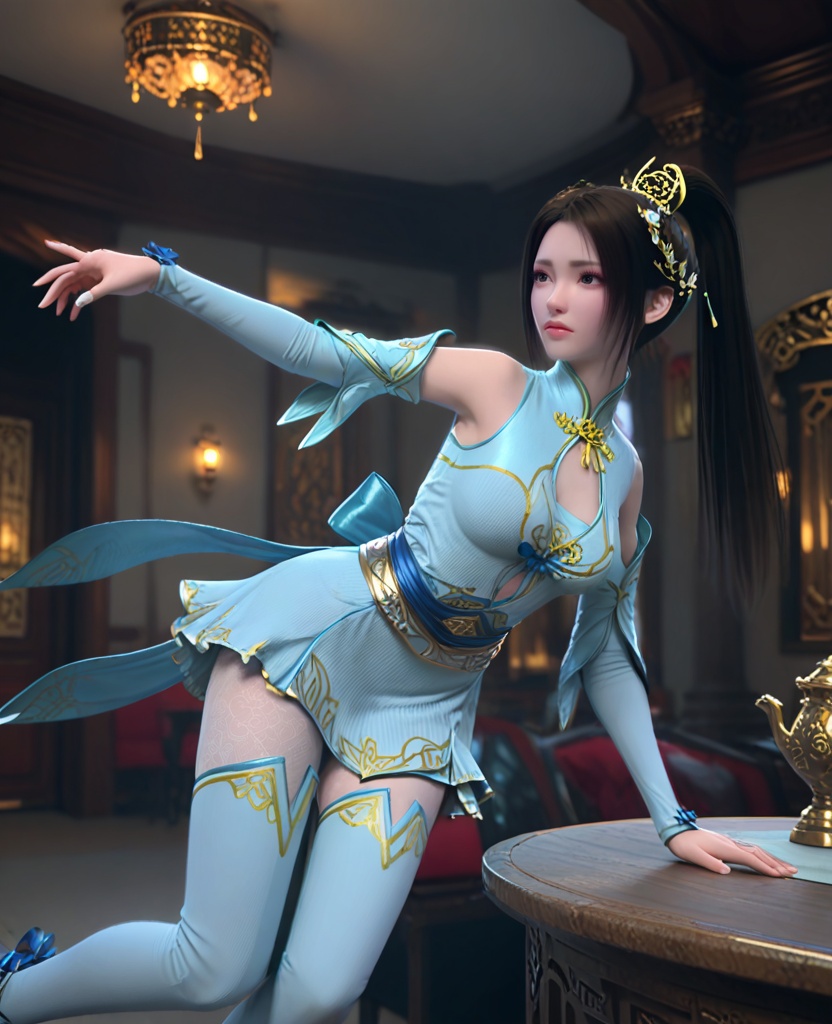 (oriental architecture, elegant decor, sophisticated style:1.1),(dancing,body roll:1.1),(breasts:1.2),<lora:XL斗破苍穹纳兰嫣然:0.95>,miss nalanyanran,light blue dress,light blue overskirt,blue miniskirt,sash,black hair,ponytail,hair ornament,lips,elbow gloves,slender legs,brown eyes,lace pantyhose,light blue thigh boots,clothing cutout,back bow,, score_9,score_8_up,score_7_up,score_6_up,score_5_up,score_4_up,3d rendering,tag1,tag2, Cinematic Lighting,backlighting,