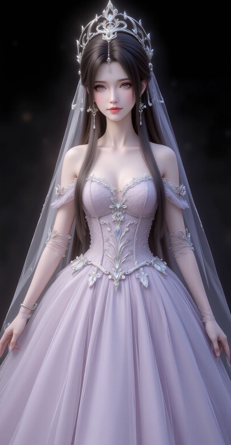 <lora:晚礼服2·人物百搭款5:1.1>,fuzhuang,1girl,solo,dress,long hair,wedding dress,gloves,bare shoulders,elbow gloves,veil,light purple skirt,full body,black_background,simple background,cover,gradient background,close-up details,outstanding style,adding a touch of dimension to your images without compromising details,close-up,<lora:DJ滤镜_2.5D版:0.3>,lvjing,<lora:油画唯美滤镜15:0.2>,baoshi,<lora:清漪·衣服百搭款·6:1.1>,qingyi,black hair,long hair,jewelry,earrings,hair_ornament,grey eyes,crown,(large breasts:1.2),